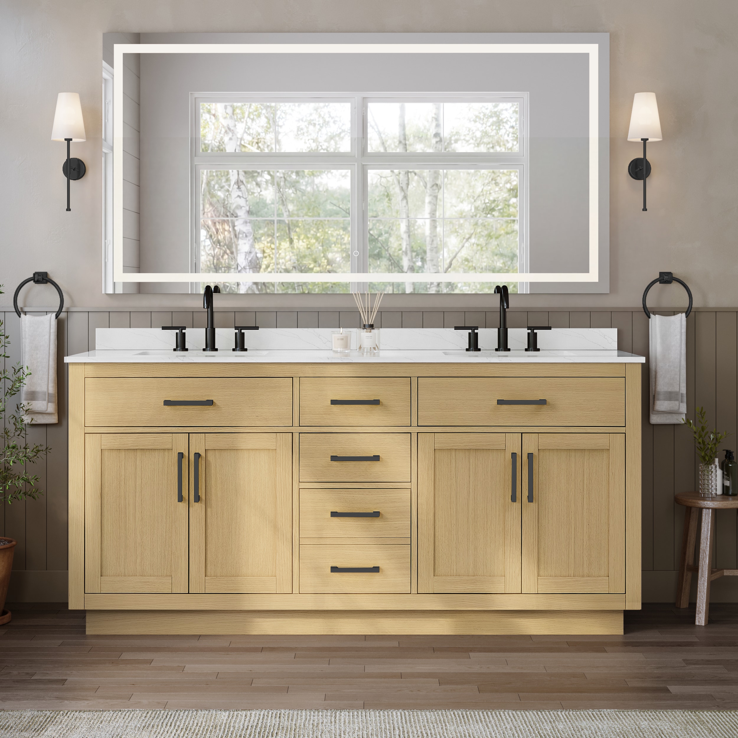 Wyndham Collection Beckett 72 Inch Double Bathroom Vanity with Toe Kick in Rift Oak, Giotto Quartz Countertop, Undermount Square Sinks (3-Hole), Matte Black Trim