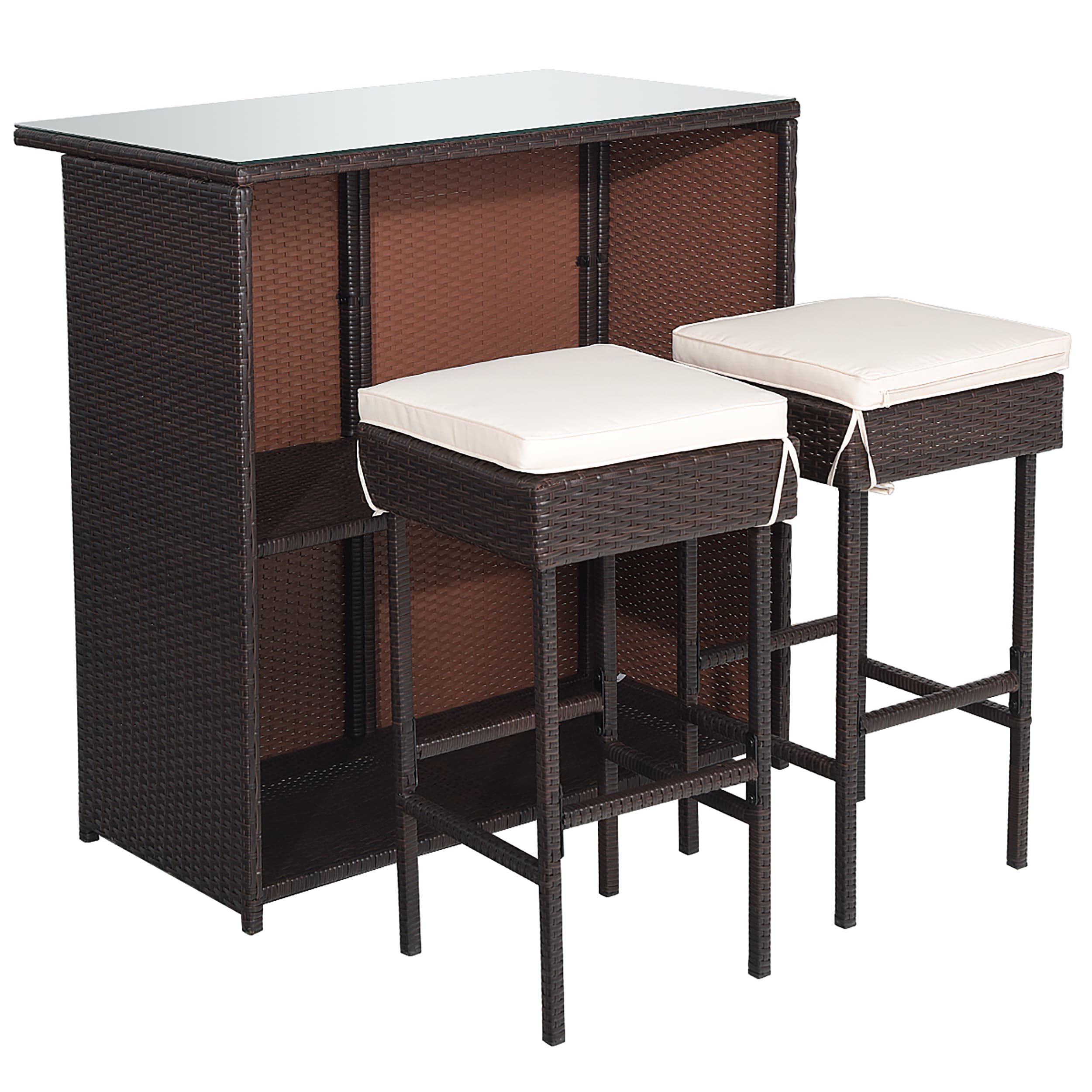 Costway HW62380 3 -Piece Brown Rattan Patio Dining Set Rattan Square Table with 2 Off-white Cushions Stationary Chairs
