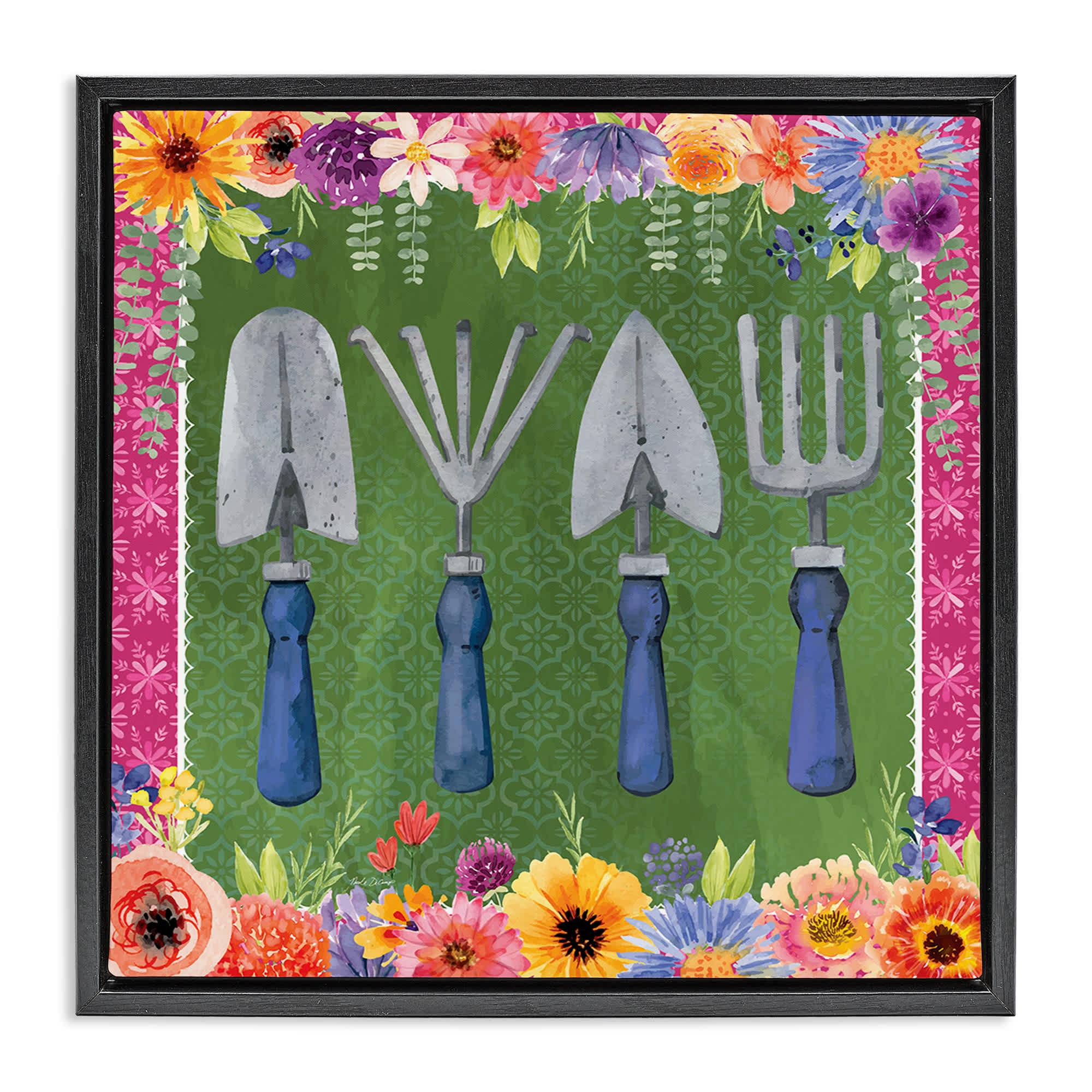 Stupell Industries BT-612-FFB-24X24 Gardening Tools and Floral Border Black Framed Floater Canvas Wall Art By Nicole DeCamp 25 x 25