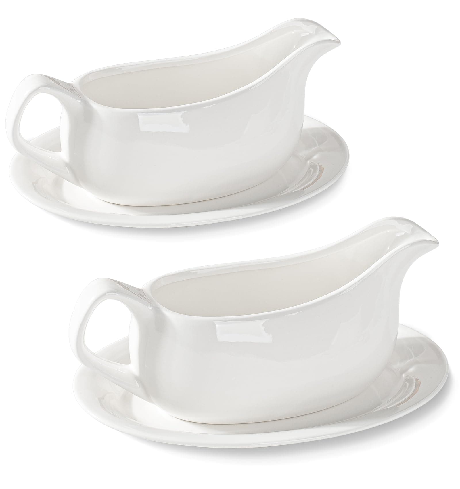 Aoibox  19 oz Classic White Ceramic Gravy Boat with Tray Saucer Set of 2 No Drip Spout Sauce Dispenser Unit