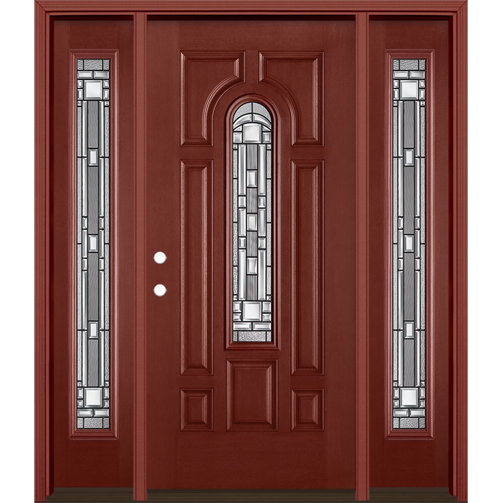 Masonite 3421148 Naples 64-in x 80-in x 4-9/16-in Fiberglass Center arch lite Right-hand inswing Wineberry Stained Prehung Single door with sidelights Front Door with Brickmould Insulating core Decorative glass