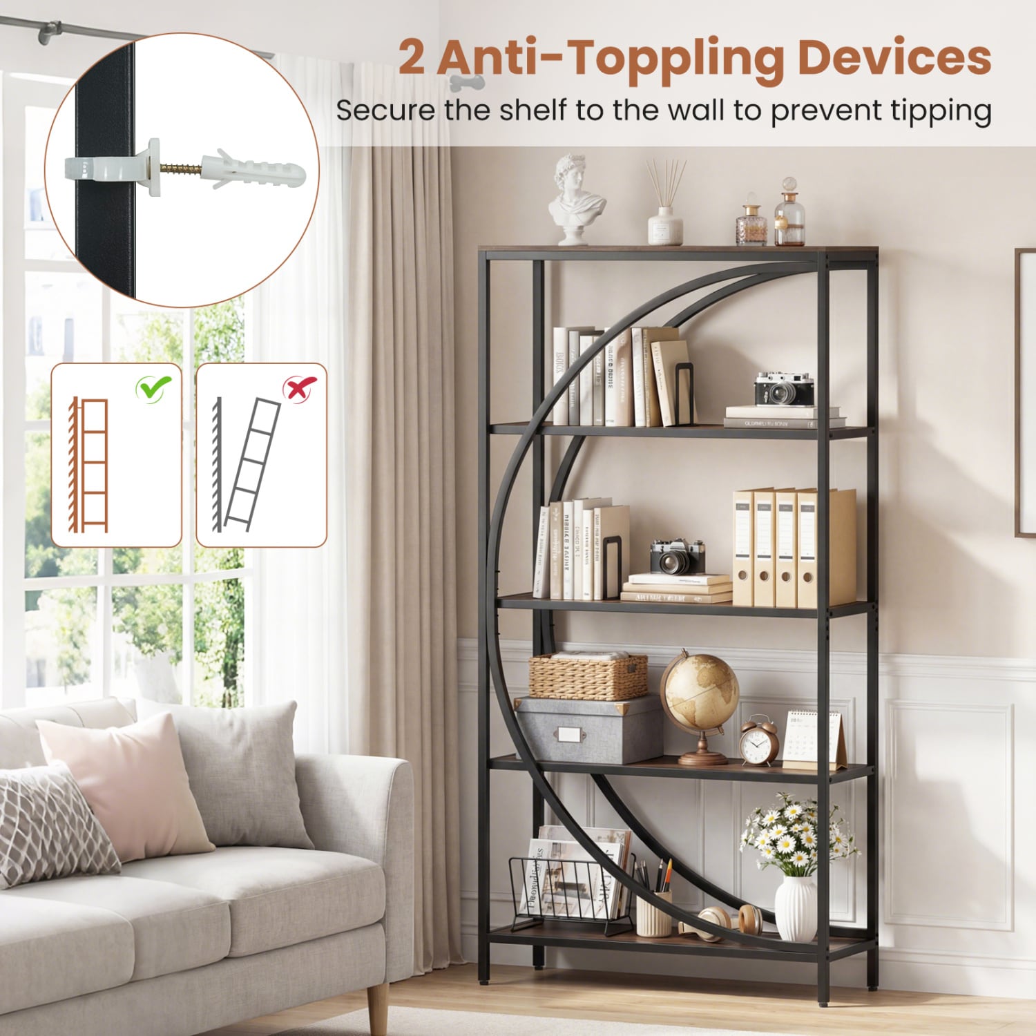 Slickblue Industrial 5 Tier Bookcase with Metal Frame and Half