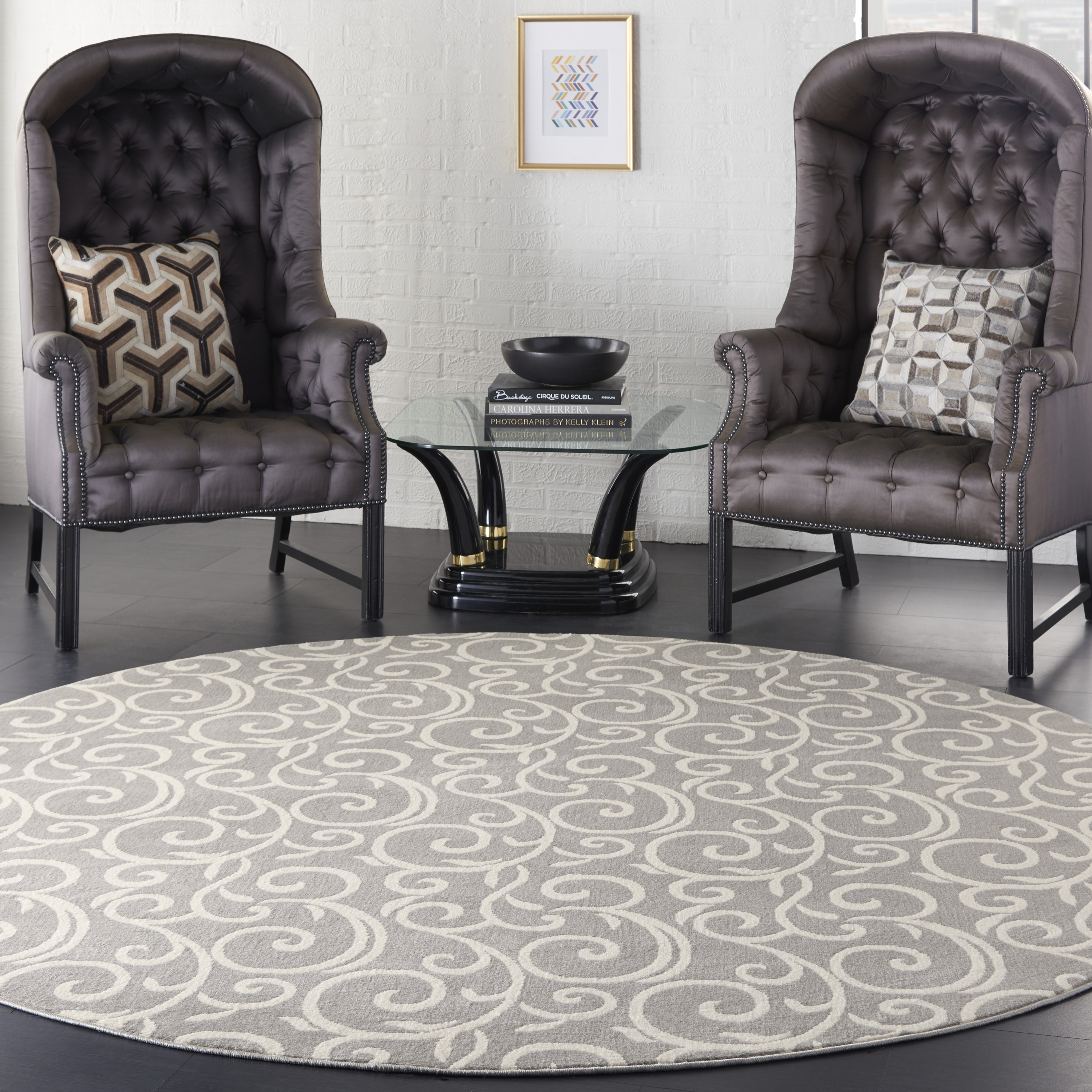 Nourison 99446459190 Grafix 8 x 8 (ft) Loomed Polypropylene Grey Round Indoor Floral/Botanical Bohemian/Eclectic Area rug