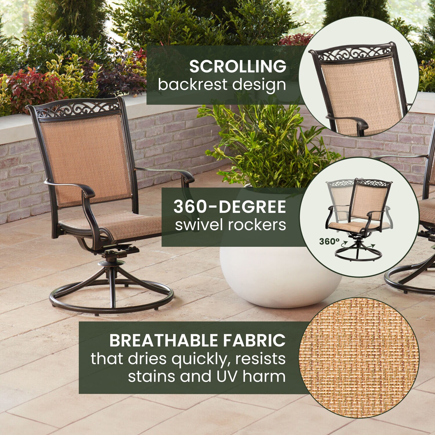 Fontana Bronze 48" Round Cast-Top Table with Tan Sling Swivel Chairs