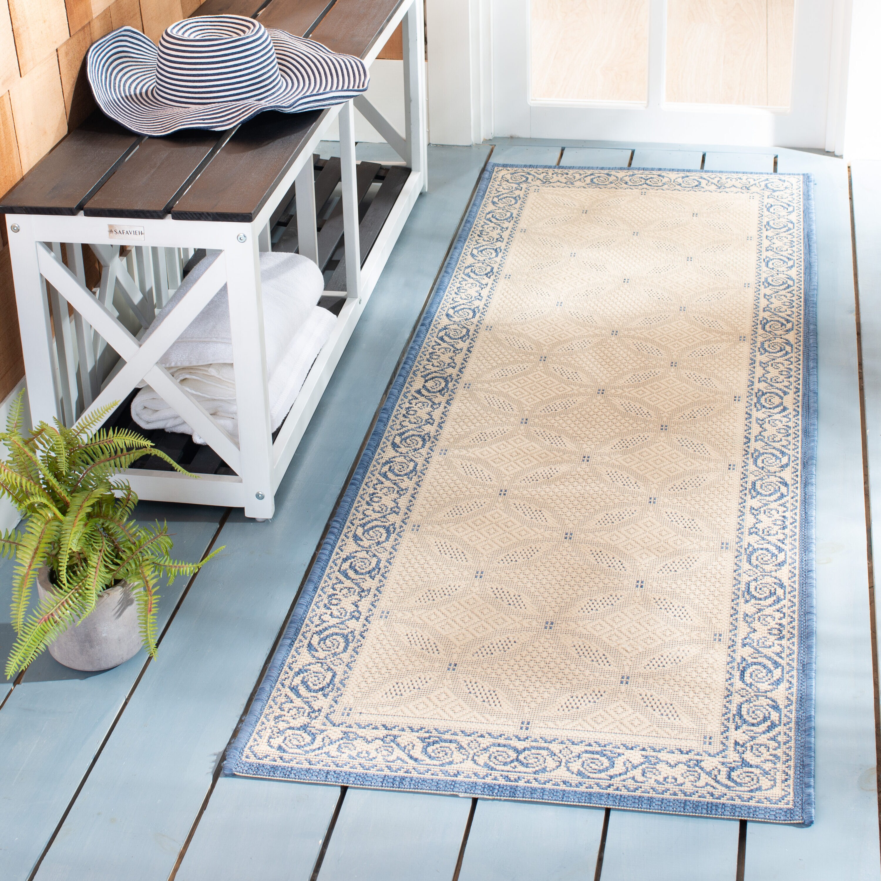 Safavieh CY1502-3101-210 Courtyard Lattice Flower 2 x 10 (ft) Loomed Polypropylene Natural/Blue Rectangular Indoor/Outdoor Border Runner rug