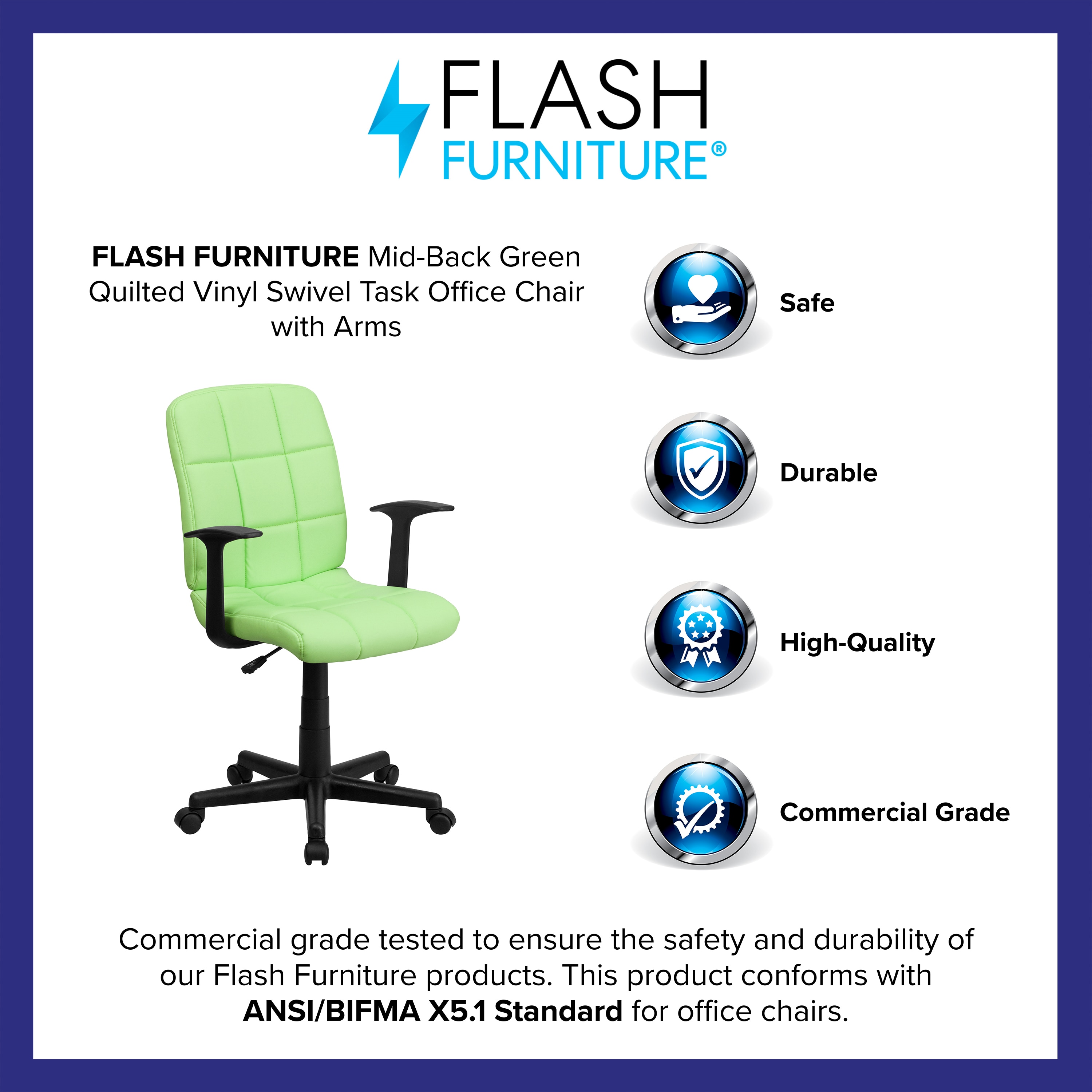 ErgoFlex Mid-Back Green Vinyl Swivel Task Chair with Fixed Arms
