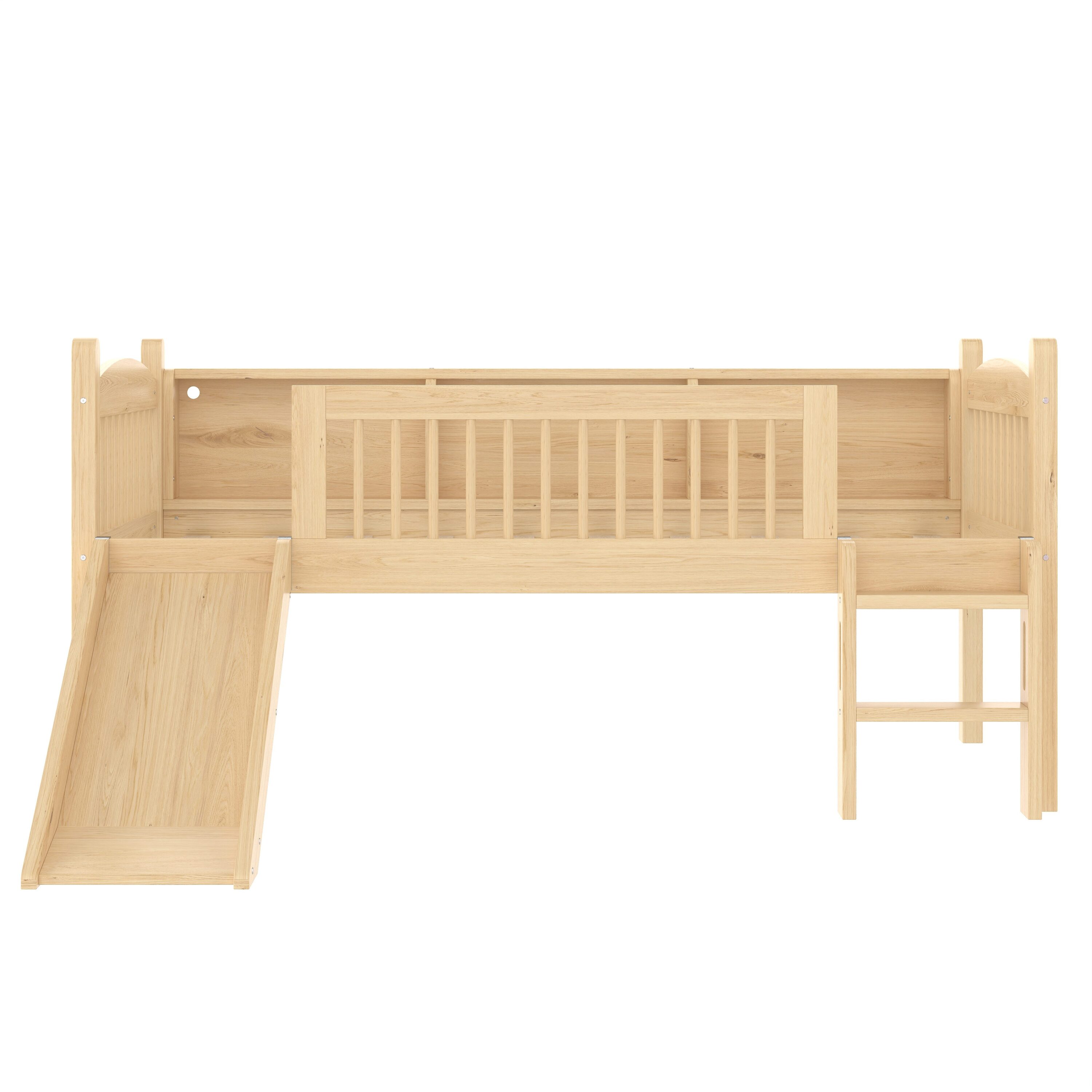 Horizons Prime Twin Natural Wood Loft Bed with Storage Shelves and LED Lights and Full-length Guardrails