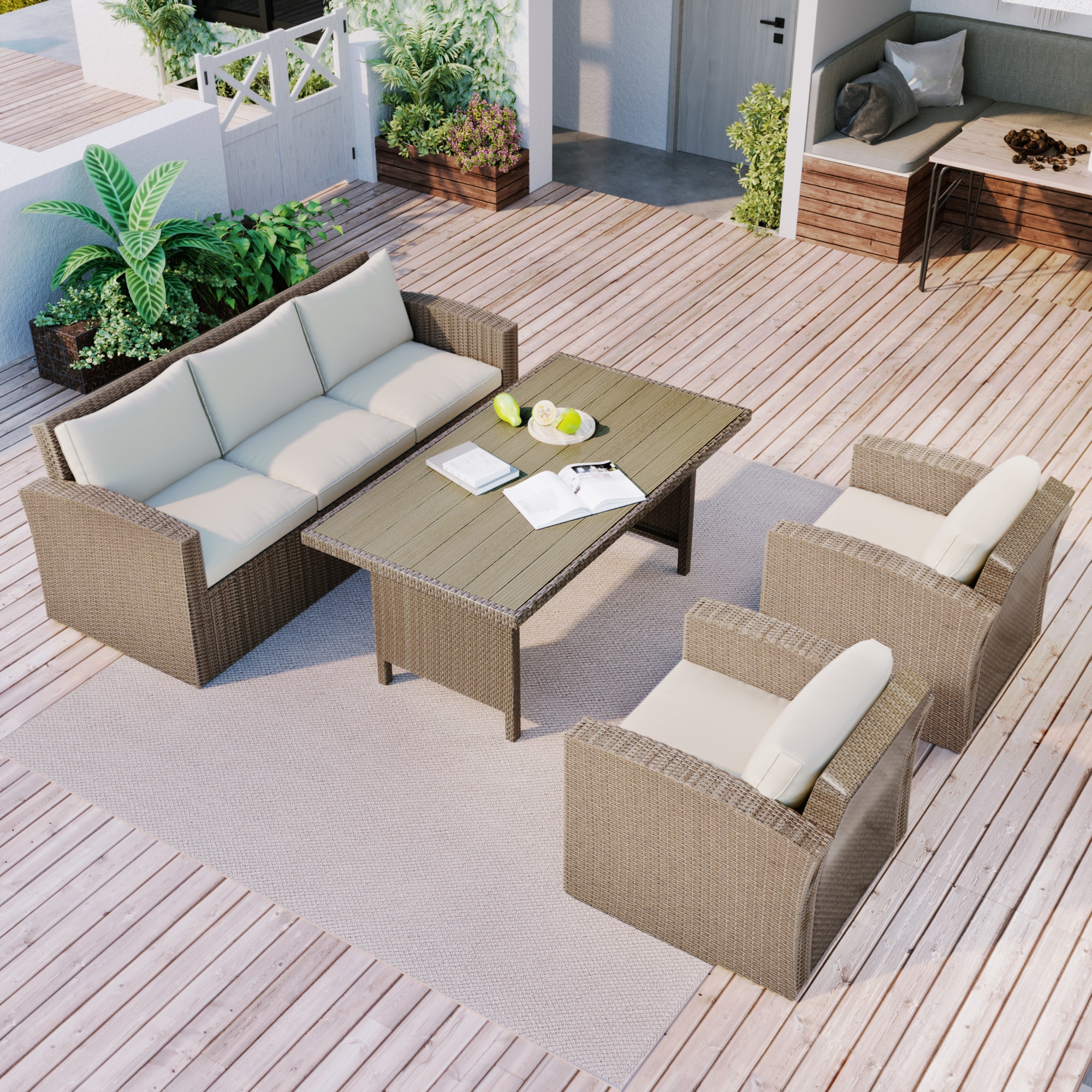 Bayfeve BFUS-261AM 4-Piece Rattan Patio Conversation Set with Beige Cushions