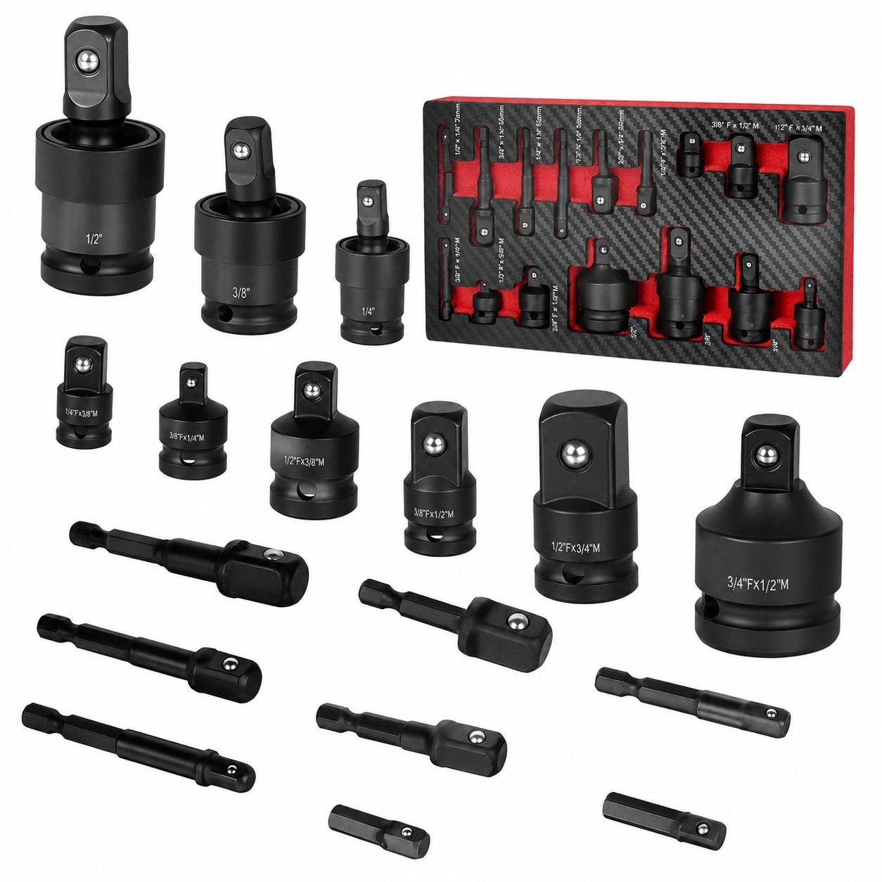 Misopily  Socket Adapter Set 17 Piece Includes Reducer Universal Joint Socket Set Drill Adapter One Quarter Three Eighths One Half Drive Sizes