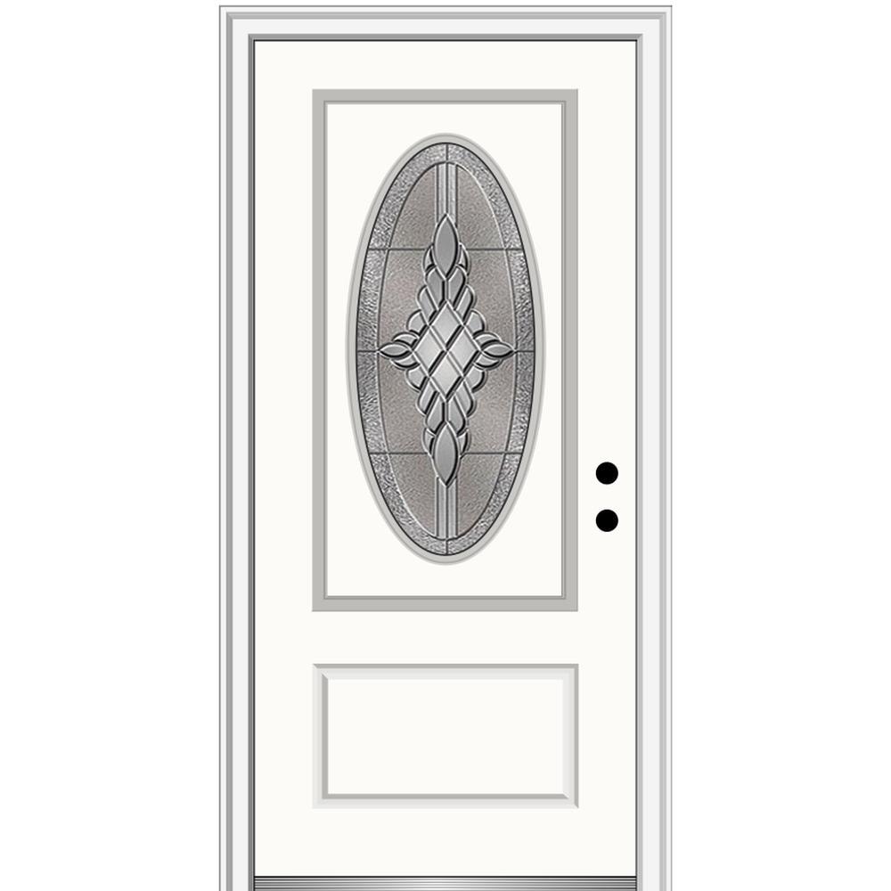 MMI DOOR ZZ3667323L 36-in x 80-in x 4-9/16-in Fiberglass Oval lite Left-hand inswing Alabaster Painted Prehung Front Door with Brickmould Insulating core