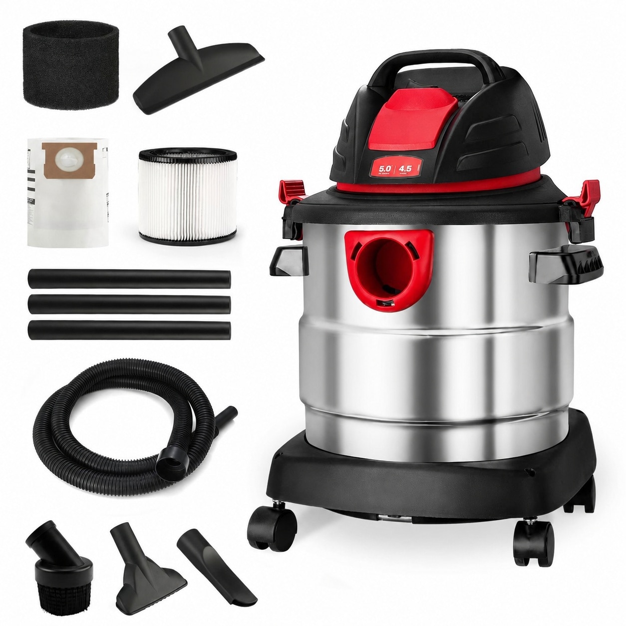 Linder Group Inc 5 Gallon Stainless Steel Wet Dry Vacuum 4 5 Peak Horsepower Portable Shop Vacuum with Filter Hose and Accessories for Garage Workshop Cleaning #L3VJ3KUK