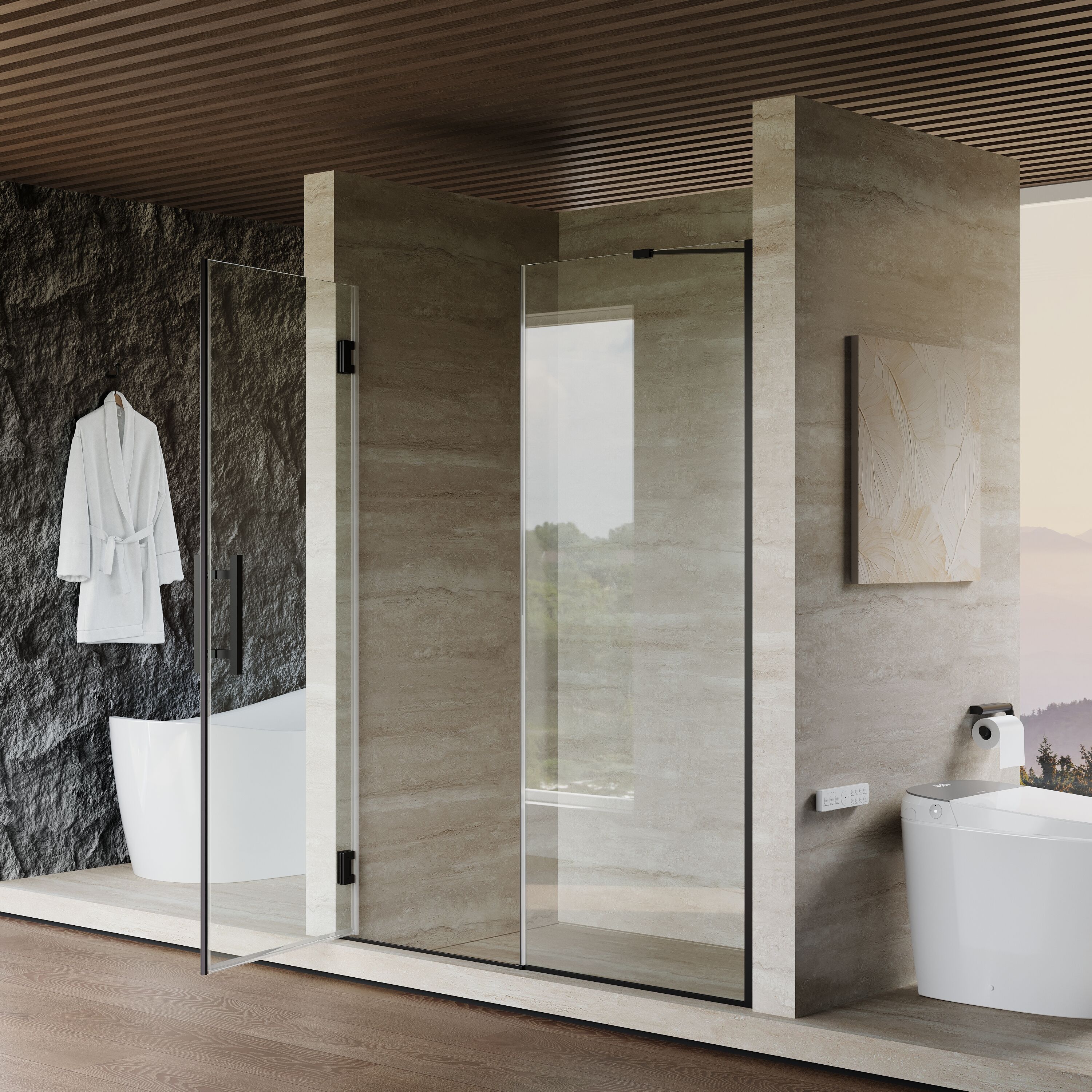 Gtnali Matte Black 57-in to 58-in W x 72-in H Frameless Clear Glass Hinged Shower door