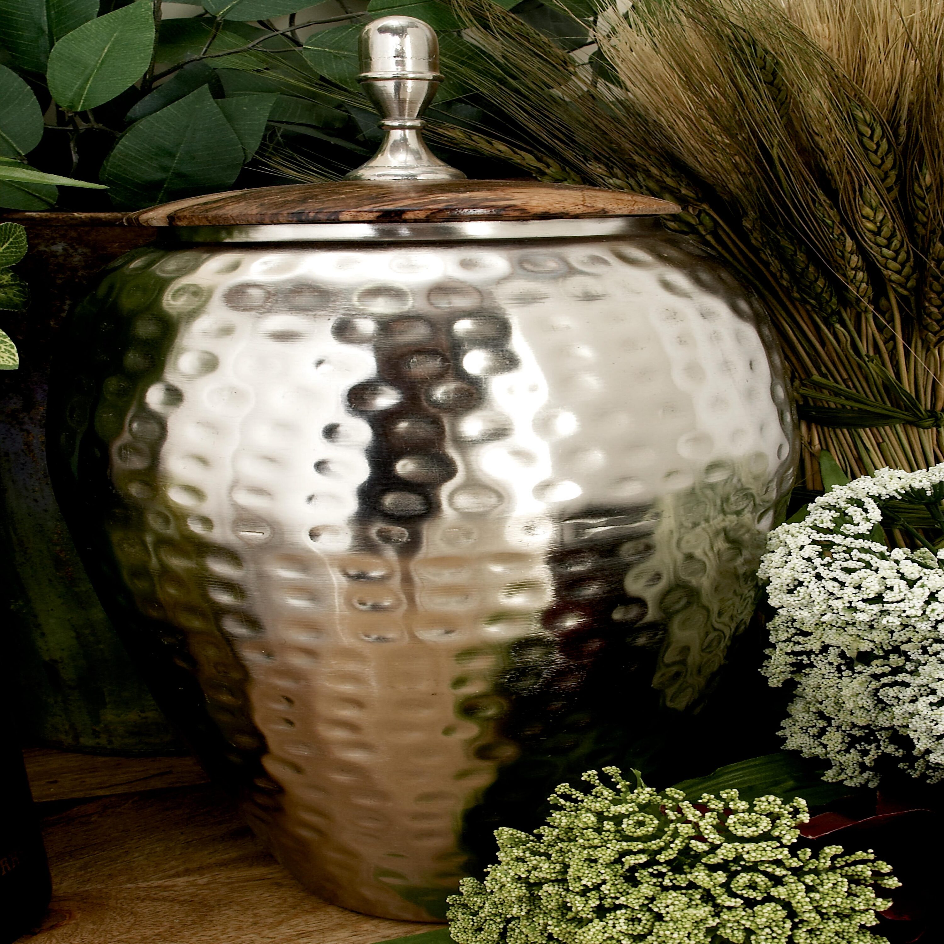 Contemporary 7" x 16" Silver Iron Jar with Wooden Lid