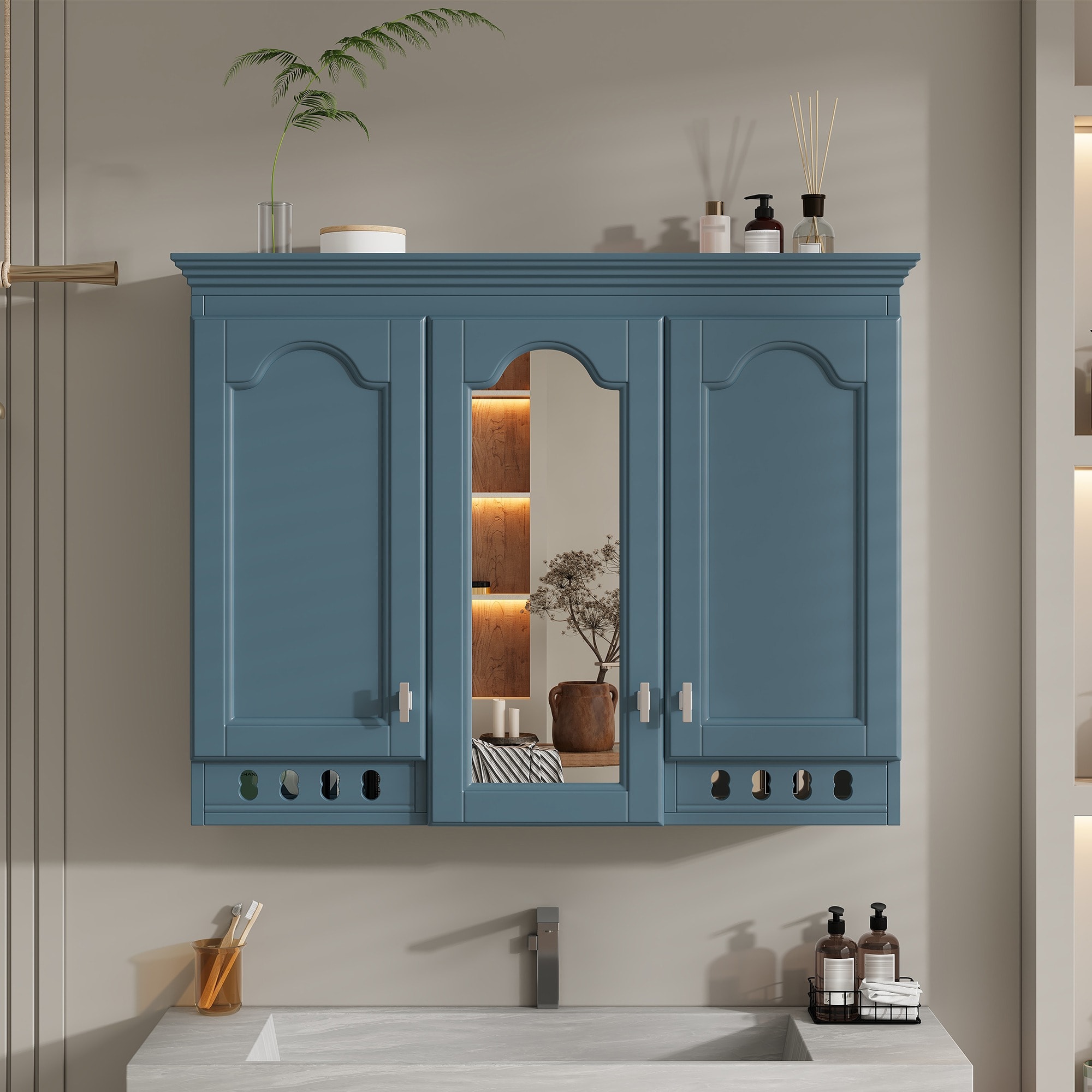 HyperDrop Cart 35 Inch Wall Mount Solid Wood MDF All in One Mirror Cabinet with Adjustable Shelves for Bathroom Storage Organizer