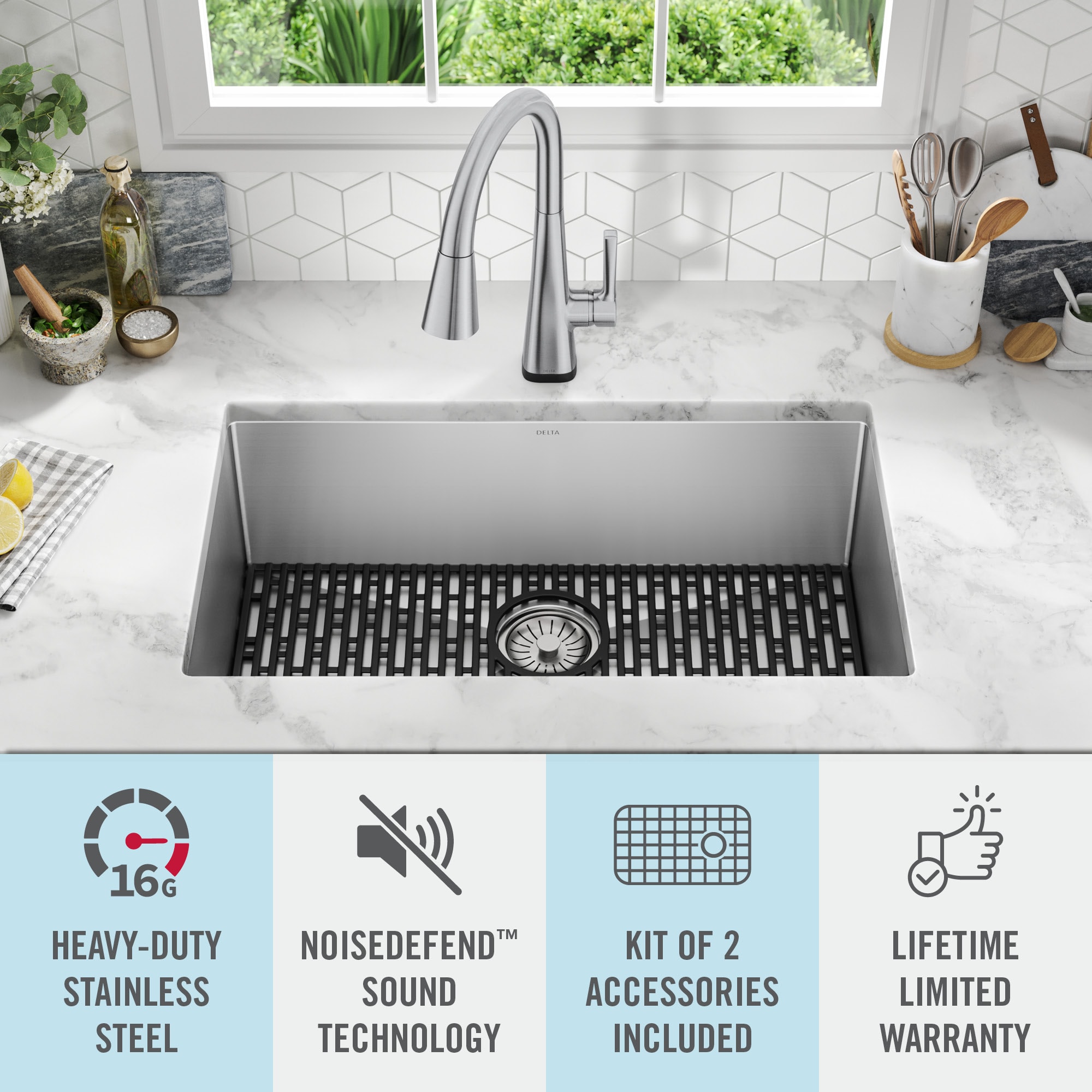 Delta Rivet 16 Gauge Stainless Steel 30 in. Single Bowl Undermount Workstation Kitchen Sink with Accessories, Silver