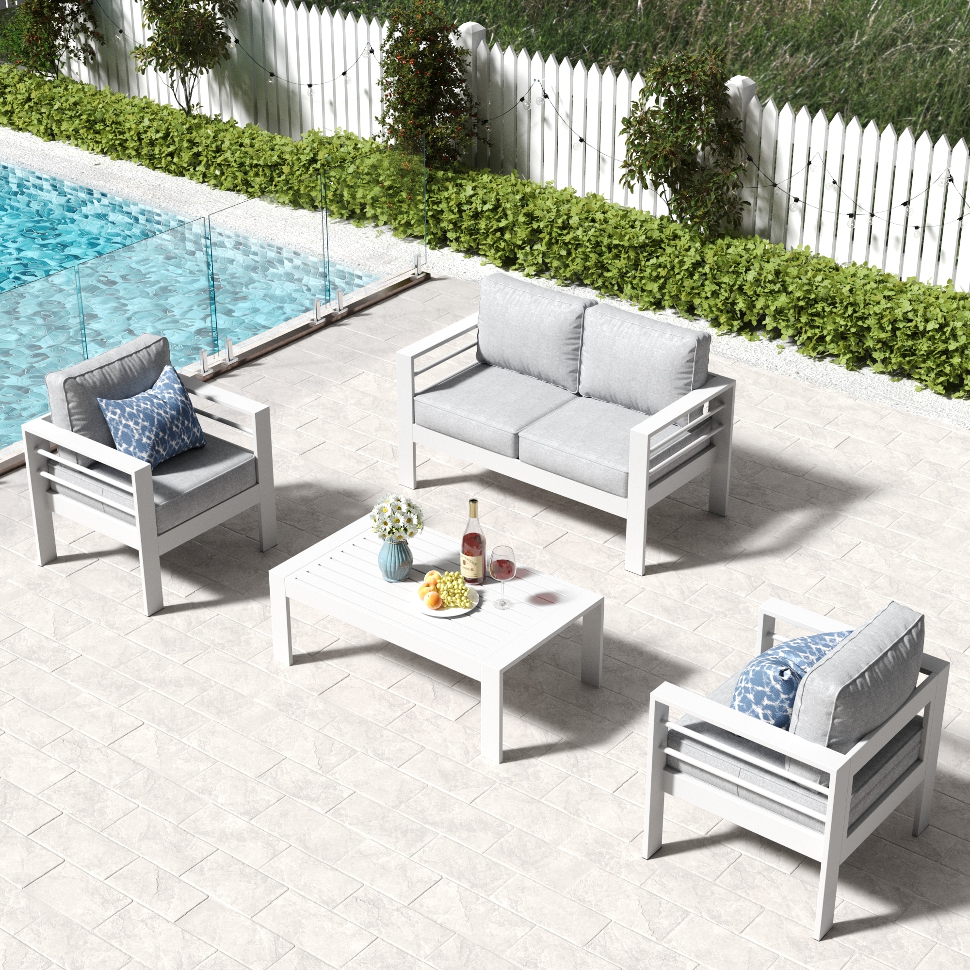 LayinSun WL5001-WH-2001 4 -Piece Outdoor Aluminum Patio Conversation Set with Light Gray Cushions