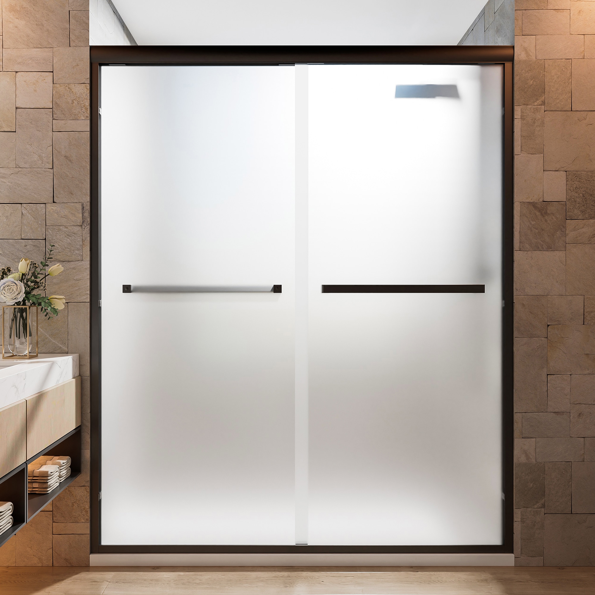 GDFStudio Modern 56-60 in W x 72 in H Aluminum Double Sliding Shower Door with 1/4 in (6mm) Frosted Ultra-Clear Tempered Glass Nano Self-Cleaning Coating and Reversible Installation-Matte Black