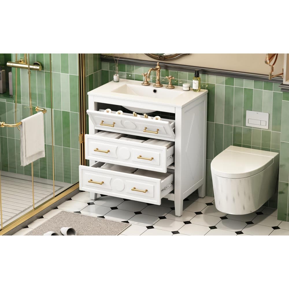 JUJABU BATHVANITY -6 White 30Inch Bathroom Vanity with Ceramic Sink Combo Free Standing Single Vanity Set with 3 Drawers