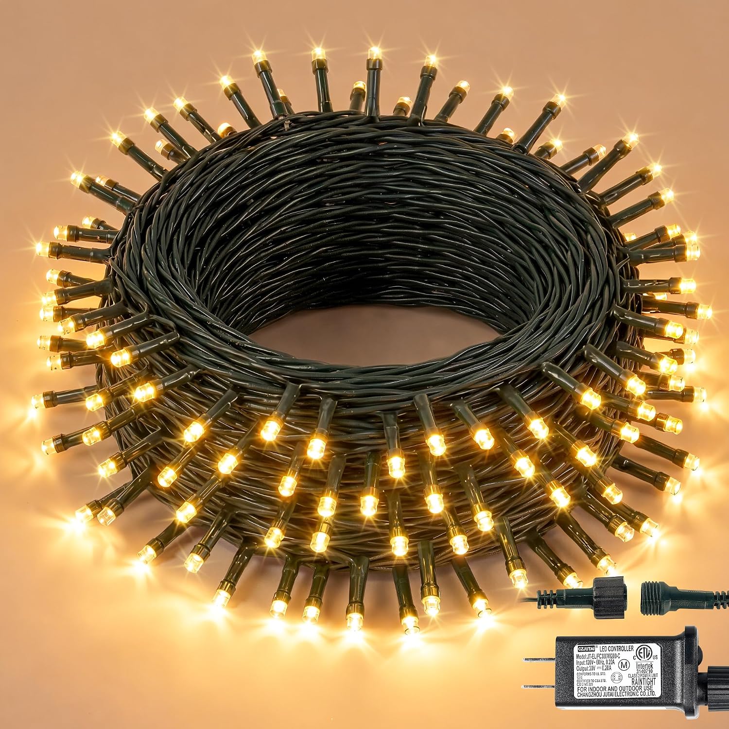 Luupatchy 33 ft 100-Count Warm White LED String Lights Green Wire 8 Modes IP65 Waterproof Connectable Indoor Outdoor