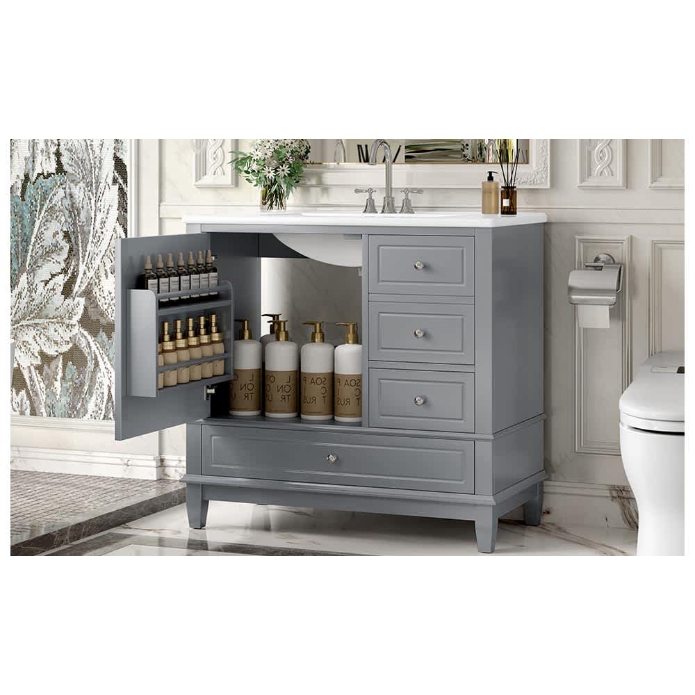 JUJABU ZJBATHROOMVAN-8 Gray 36in Bathroom Vanity with Ceramic Sink 3 Drawers and Cabinet with Shelves with 4-Inch Faucet Holes