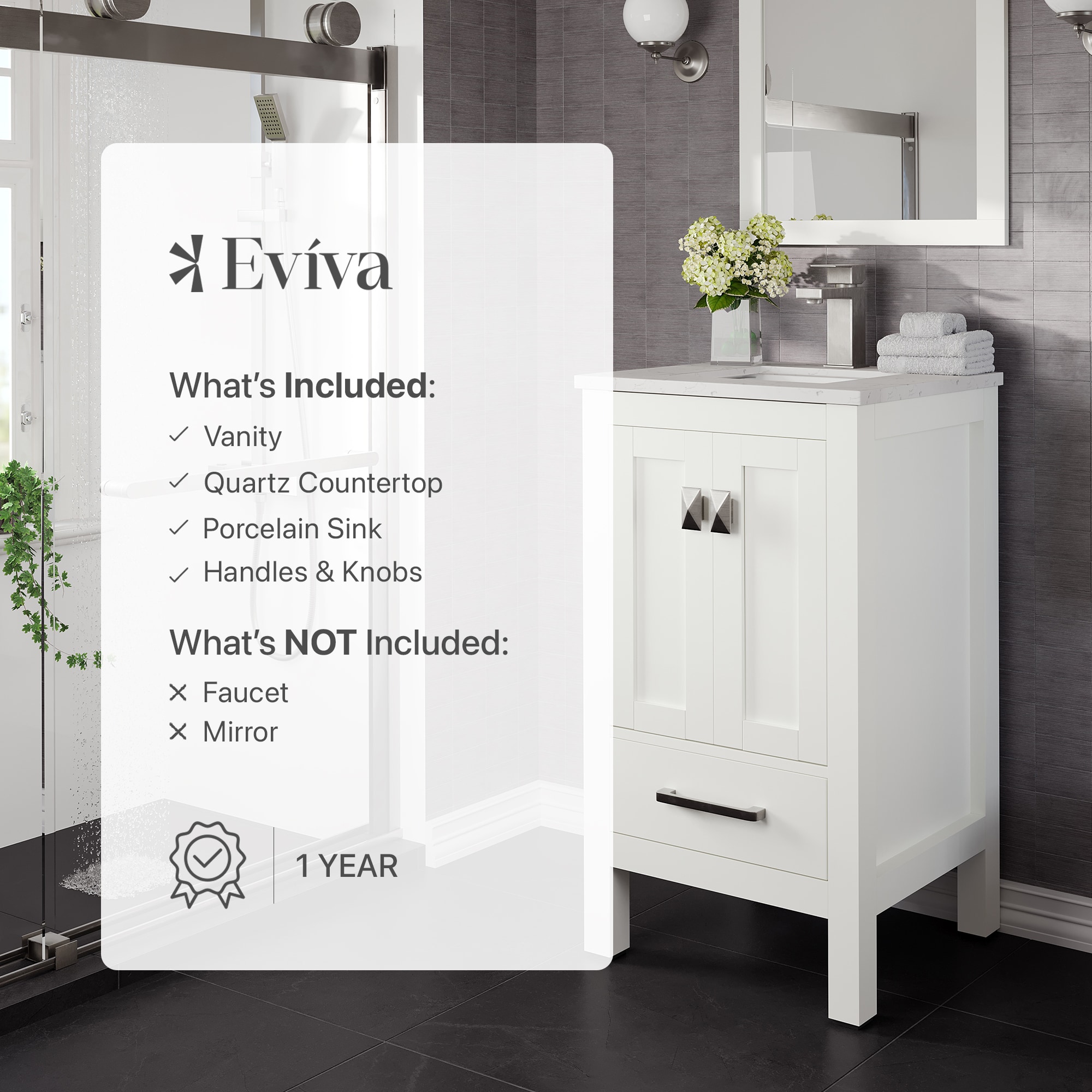 Eviva London 20-in Gray Undermount Single Sink Bathroom Vanity With White Quartz Top TVN414-20X18GR-Q At