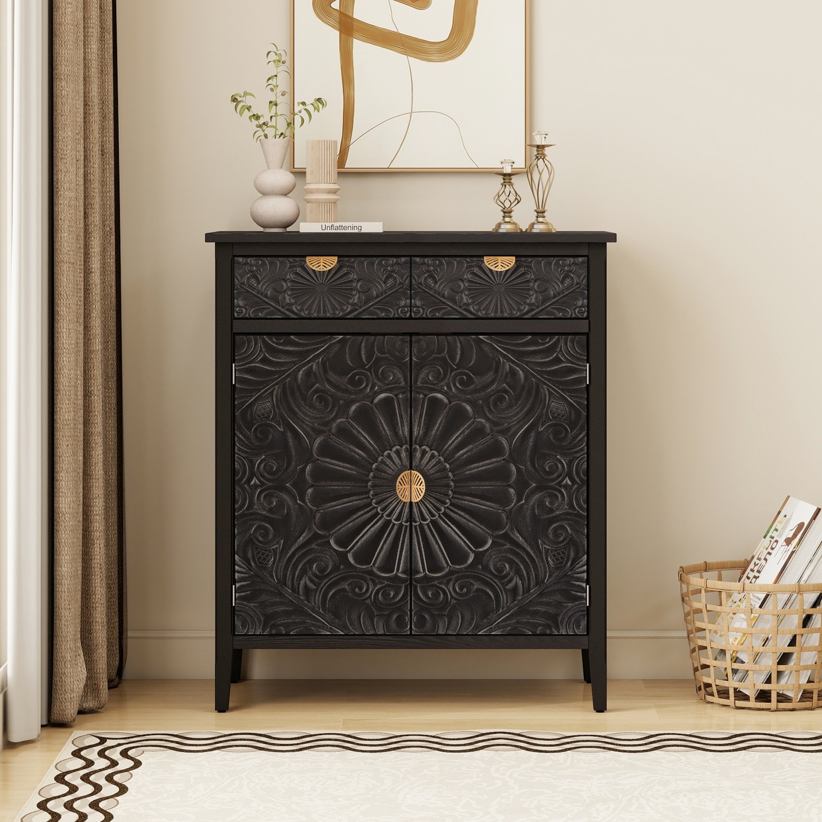 GlasFlength  37-Inch Hand Carved Accent Cabinet Wooden Storage Cabinet Drawer Doors Floral Embossed Sideboard Storage Organizer Durable Entryway Living Room Black