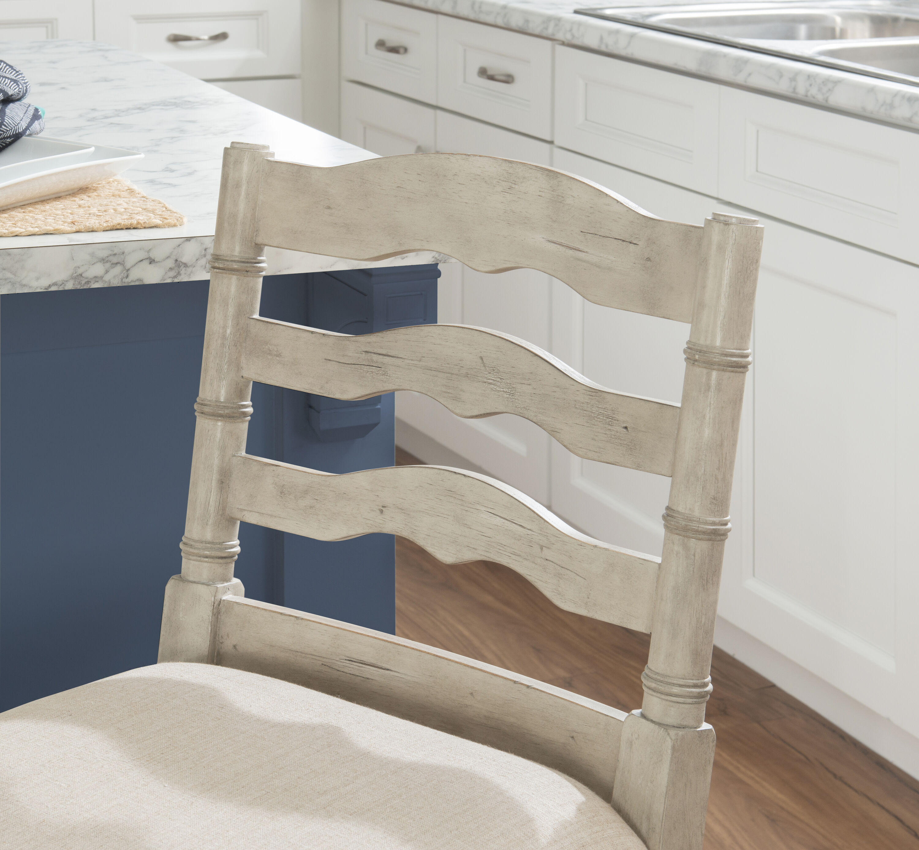 Elegant Marino 24" White Washed Wood Counter Stool with Linen Seat