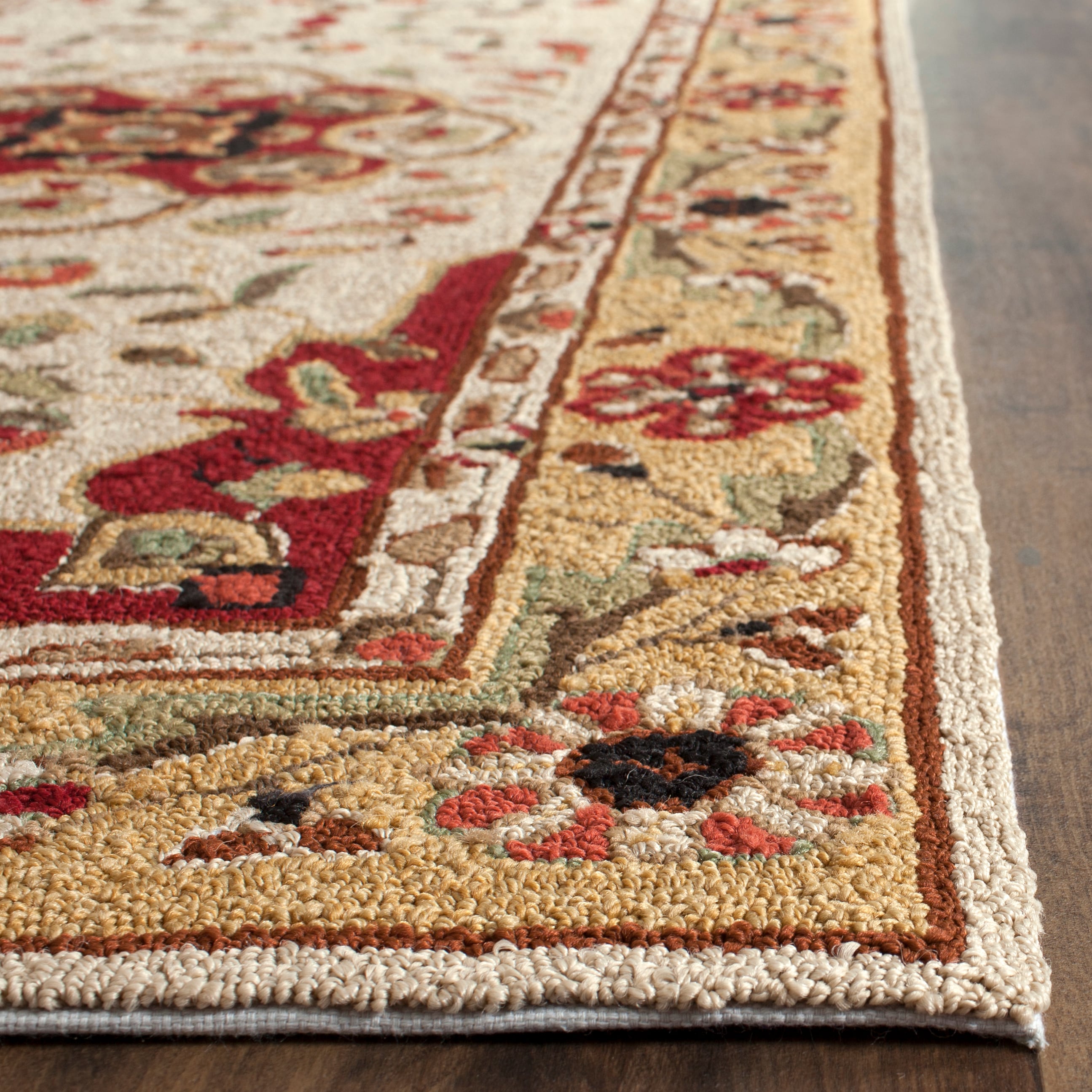 Hand Hooked Cream and Red Synthetic Runner Rug - 2'6" x 10'