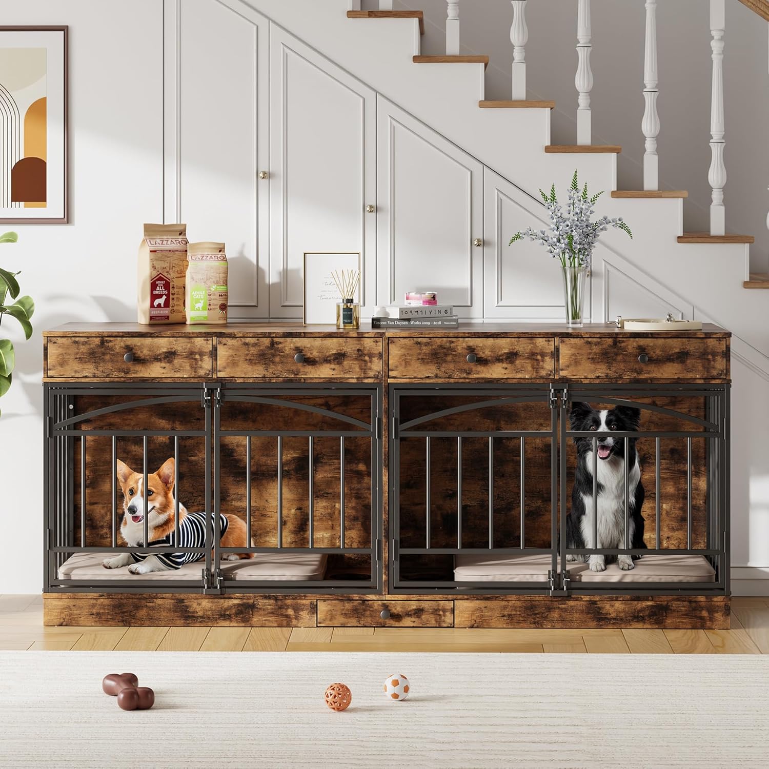 IdealHouse Dog Crate Furniture for 2 Dogs  Dog Kennel Indoor with 4 Storage Drawers and Feeding Bowls  Double Dog Crate TV Stand for Small Medium Dogs  Brown