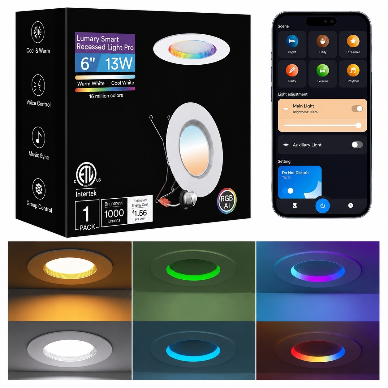 Aoibox  5 6 in Smart RGB Ring LED Retrofit Recessed Light Module CCT Dimmable Wi Fi Bluetooth 1000 Lumens 1 Pack