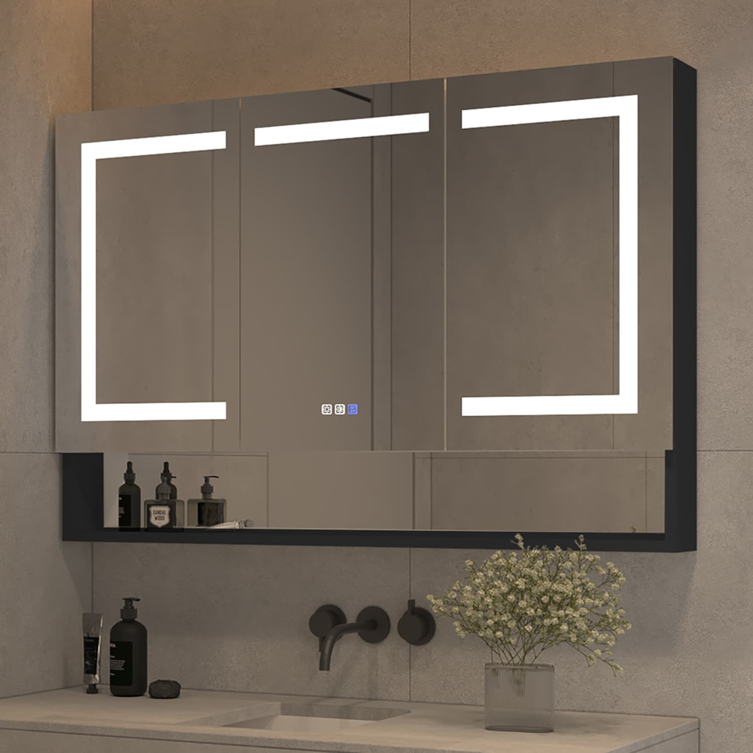 waterpar WPLO-4832V5FB 48-in x 32-in Lighted LED Fog Free Surface Mount Black Mirrored Rectangle Soft Close Medicine Cabinet with Outlet
