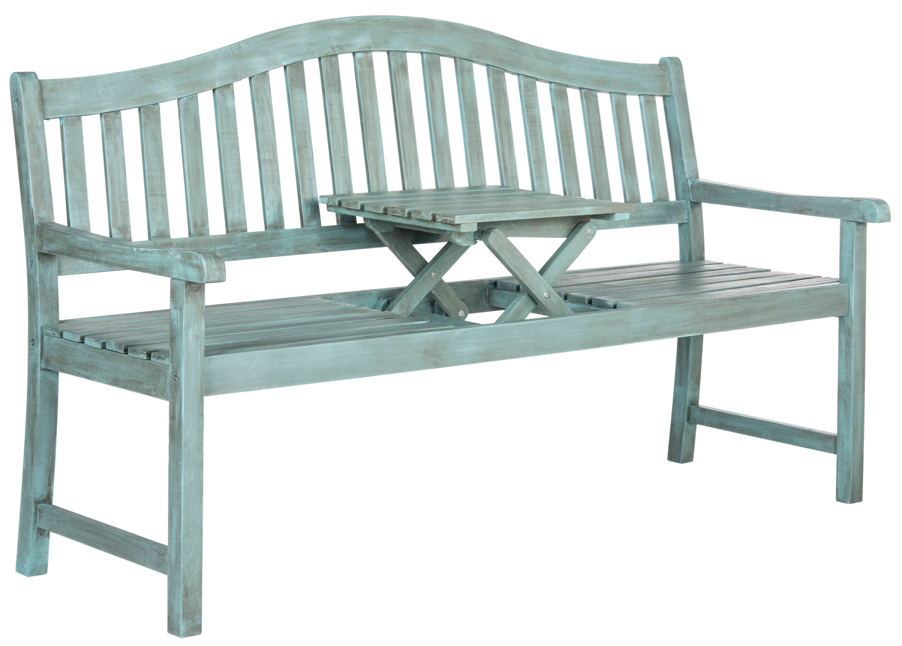 Beach House Blue Acacia Outdoor Bench with Pop-Up Table