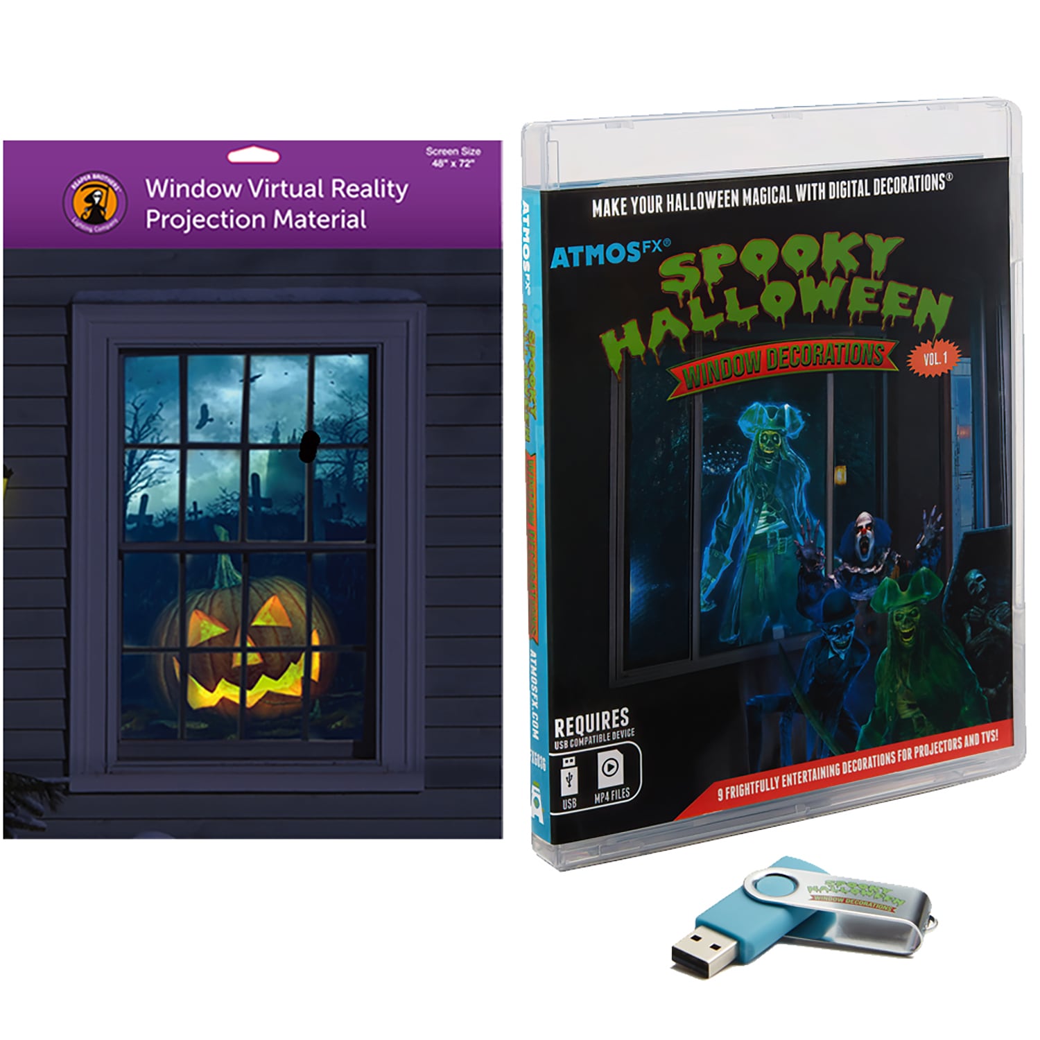 Halloween Digital Decoration Kit with 8 AtmosFX Video Effects and Holographic Projection Screen | - HoliScapes W48X72-SH-KIT-2022