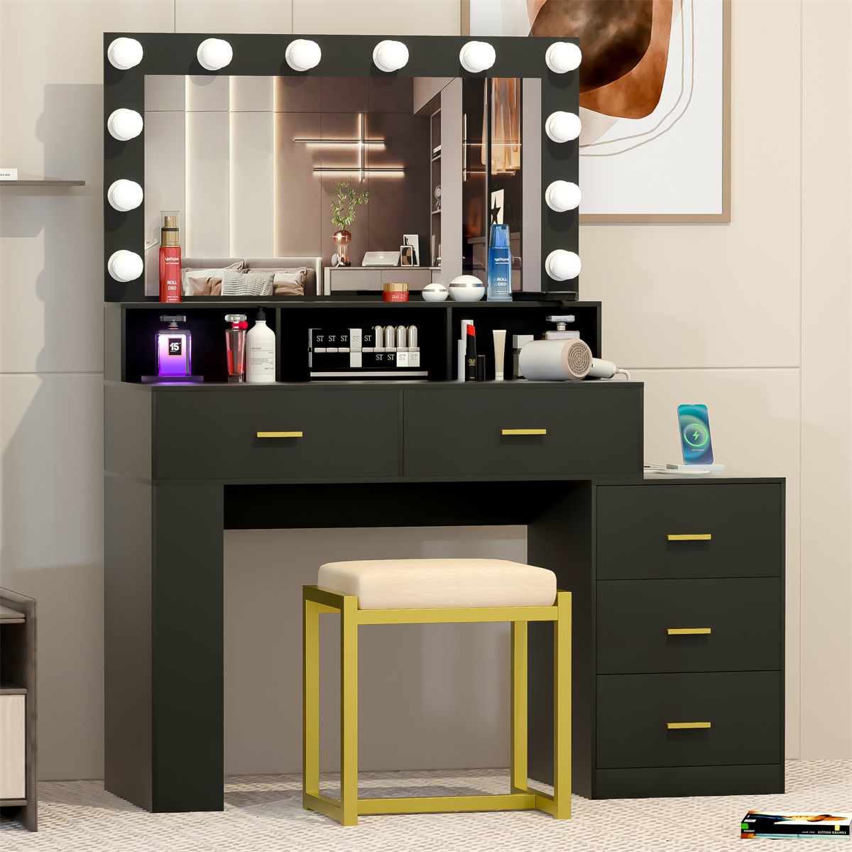 Makeup Vanity Table with Lighted Mirror, Dressing Vanity Desk with Storage  Shelf, USB Charge Station and 4 Drawers, Bedroom Dressing Table with 12 LED  Lights