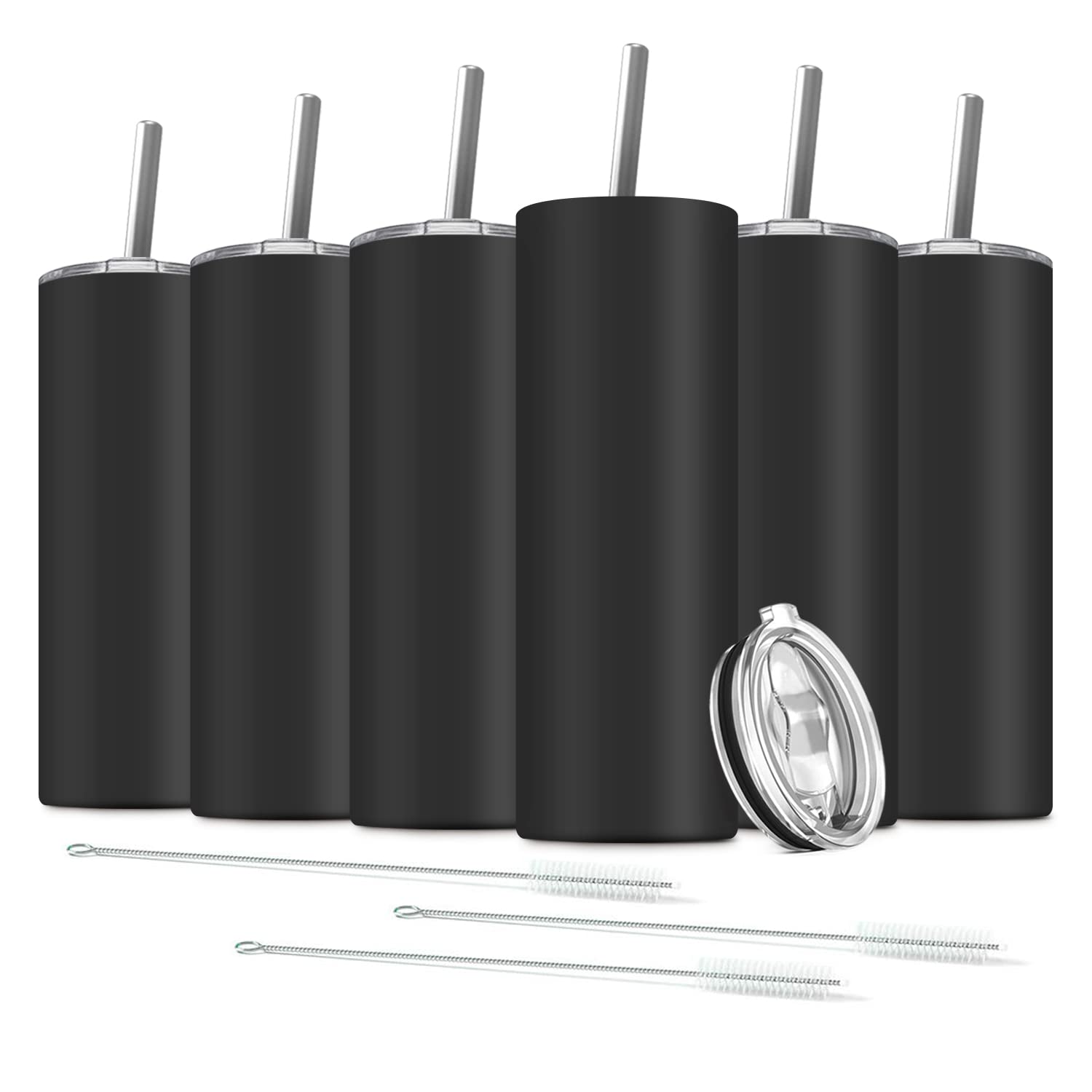 Aoibox  Six Pack 20 oz Stainless Steel Skinny Tumblers with 6 Straws and 3 Brushes Double Insulated Travel Cups