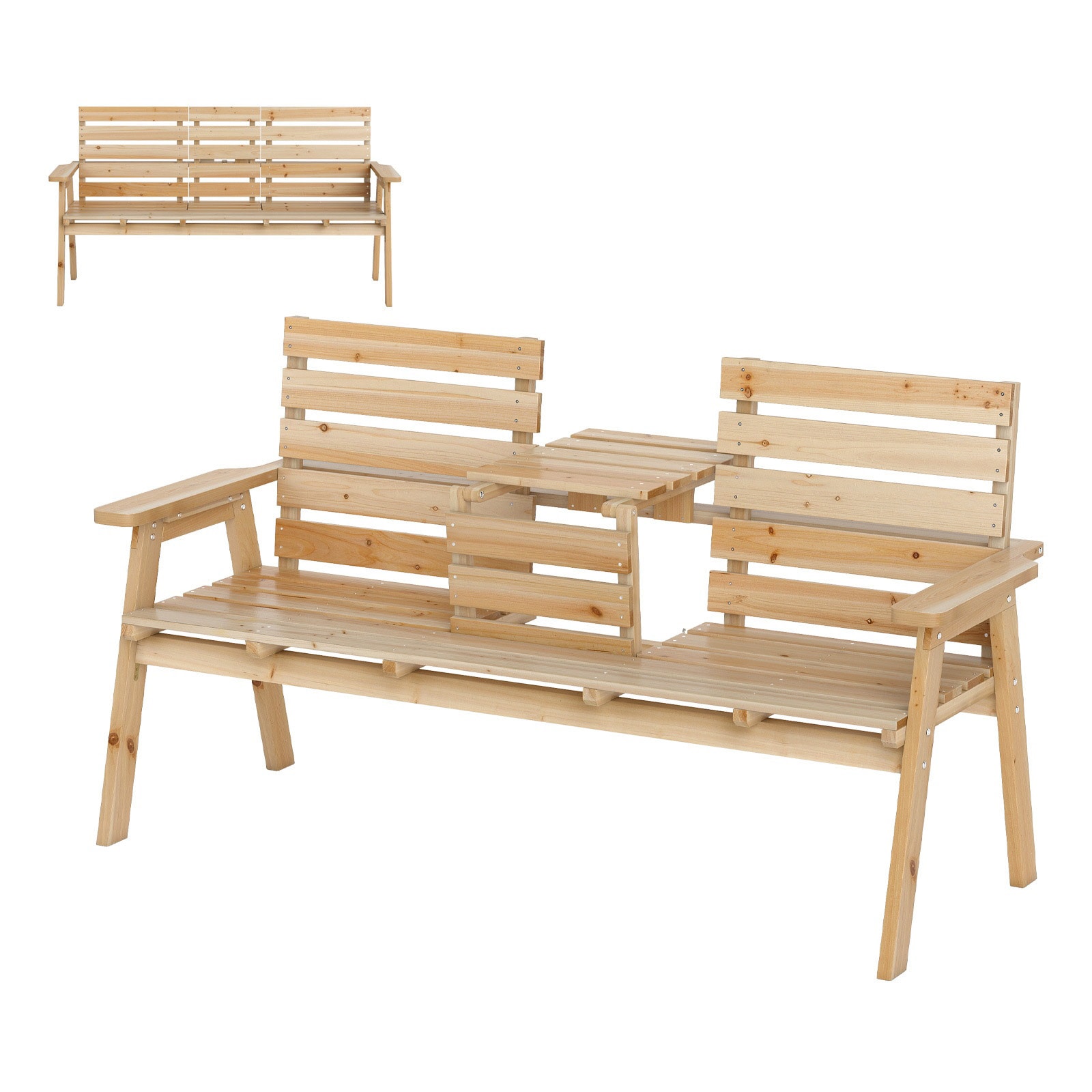 Volenca Outdoor Solid Fir Wood Patio Bench with Foldable Middle Table and Wide Slatted Seat