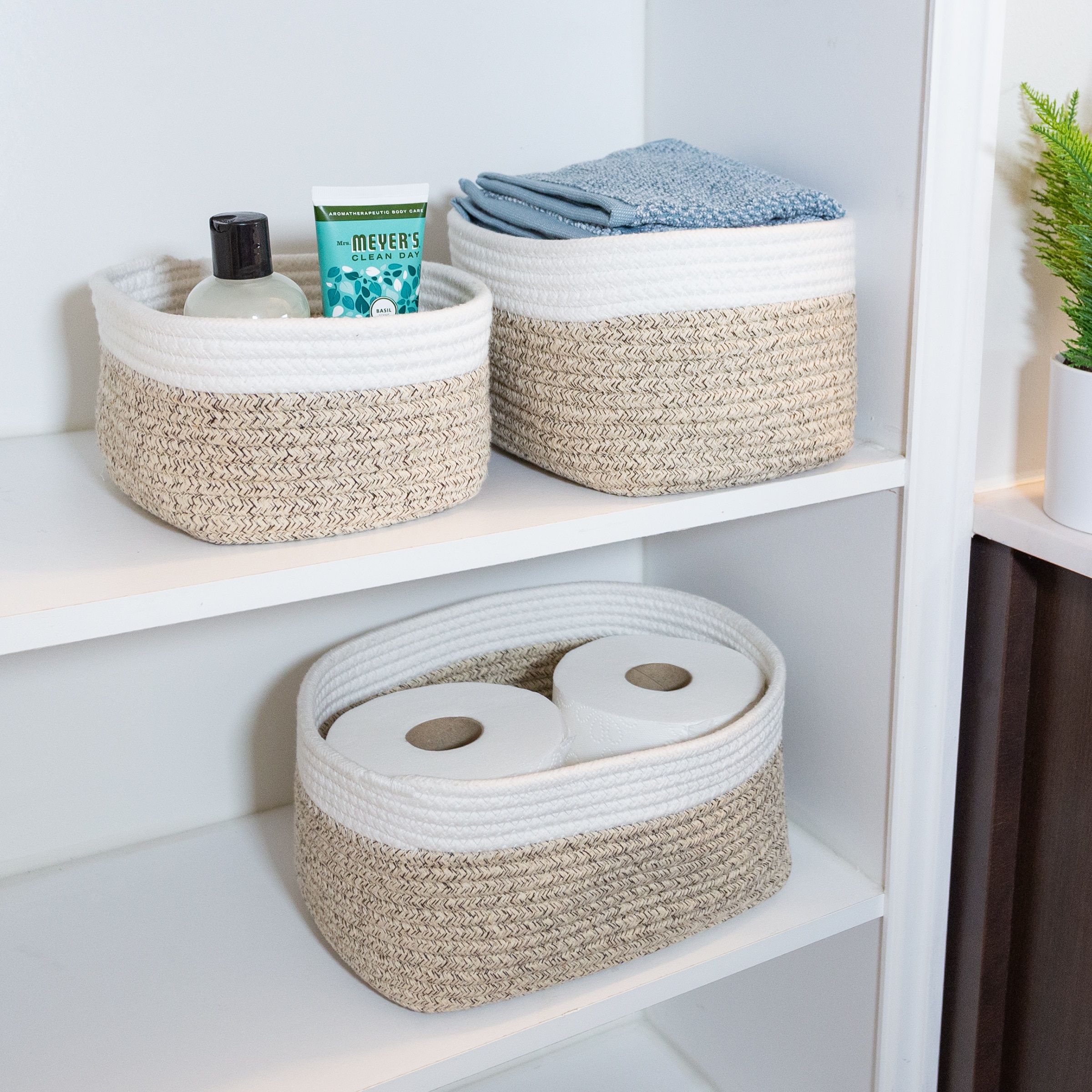 Home-Complete ST-HOME6-NAT 3 -Pack ( 12-in W x 5.5-in H x 8.5-in D ) Brown Cotton Collapsible Stackable Basket