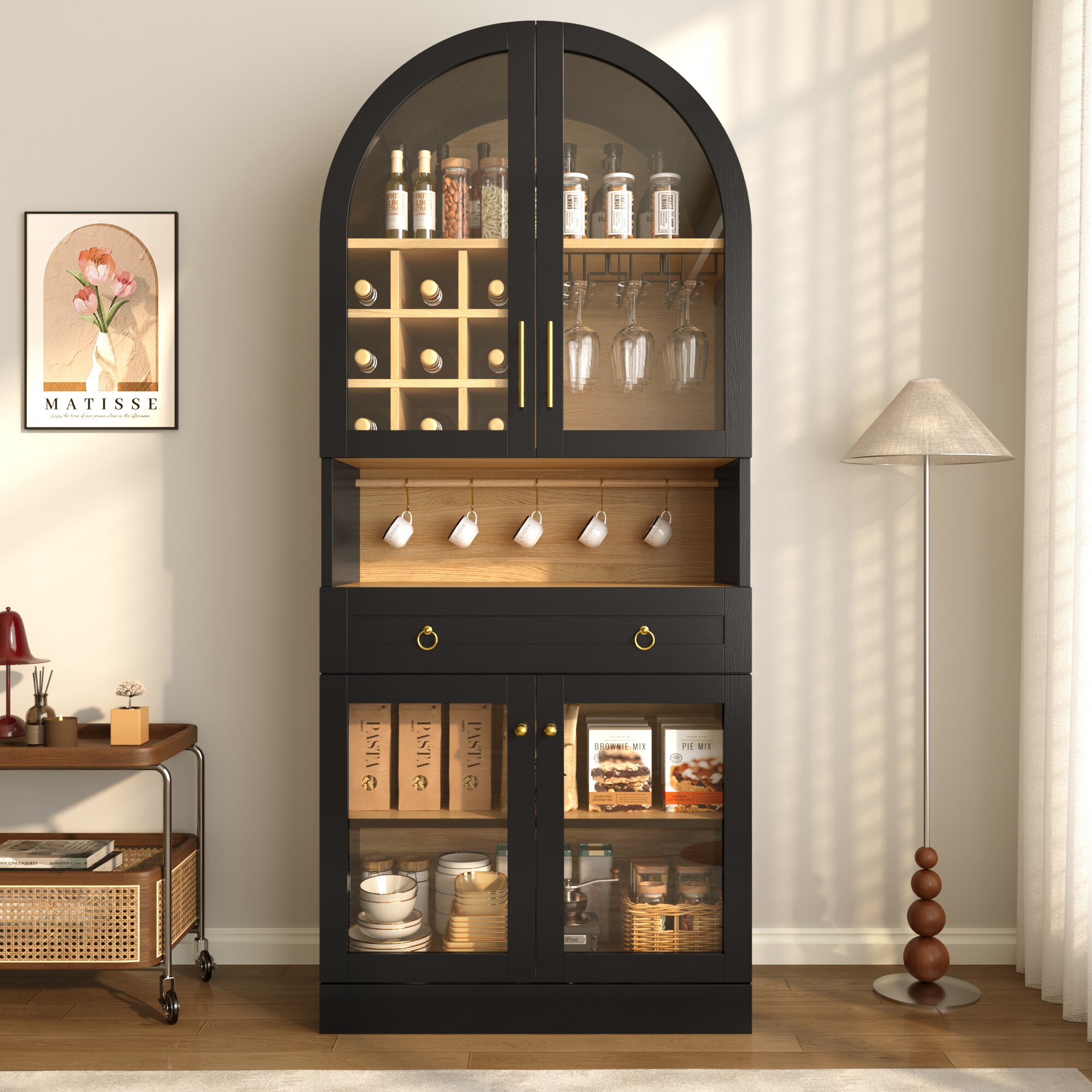 ModernLuxe Assembly Required 70 inch Tall Arched Bar Cabinet  MidCentury Coffee Bar Cabinet with an Adjustable Shelf  5 Hooks 9 Wine Racks 3 Glass HolderTempered Glass Doors Wine Liquor Cabinet with a Large Drawer Black