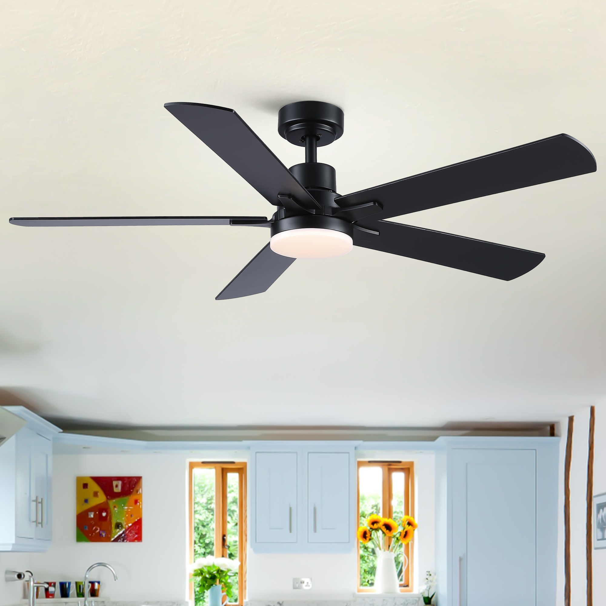 BABOOM BOM-7P24706-OR Lowe Profile Ceiling Fan with Light 52-in Integrated LED Black with Plywood Blades Ceiling Fan With Light - Remote Included ( 5 -Blade )