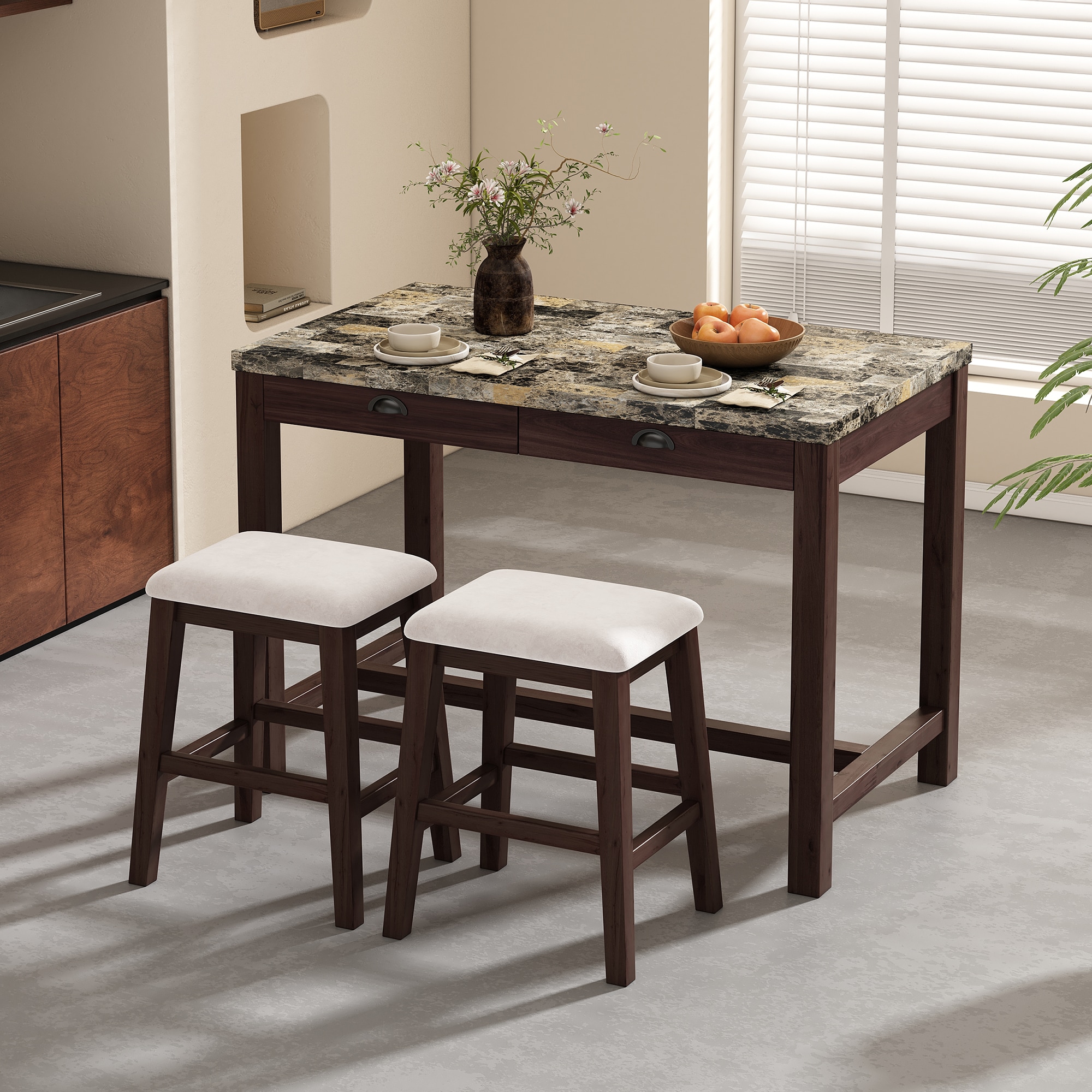 ModernLuxe ST000128AAD 3Piece  Dining Table Set for 2 Counter Height Modern Kitchen Table and Chairs Set of 2 with Storage Drawers Marble Dining Table with 2 Upholstered Chairs for Small Space Walnut