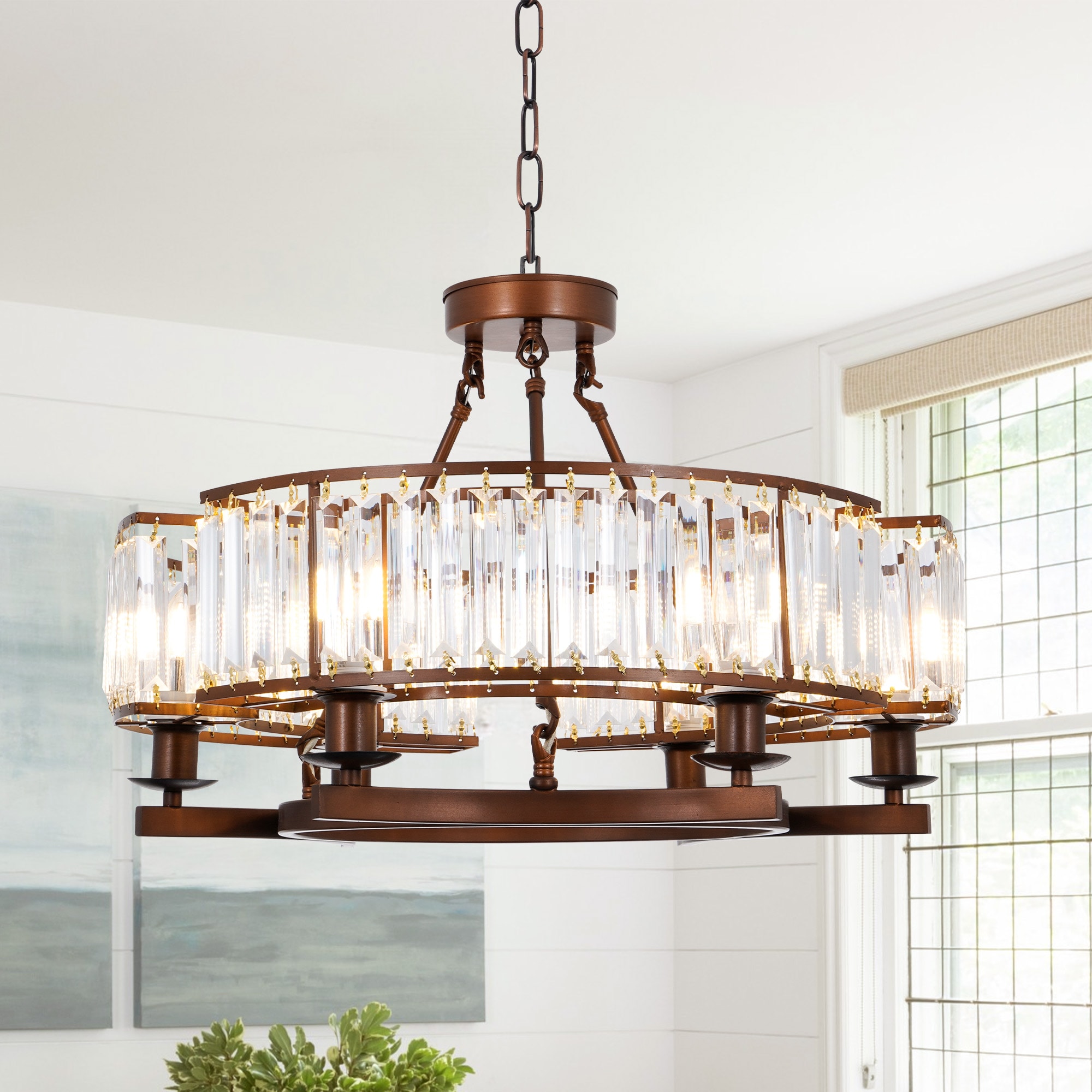 EFPERFECT DS-SL06 24-Inch Rustic Round Crystal Flush Mount with 6 Lights Brown Chandelier Adjustable for Dining Living Room and Foyer