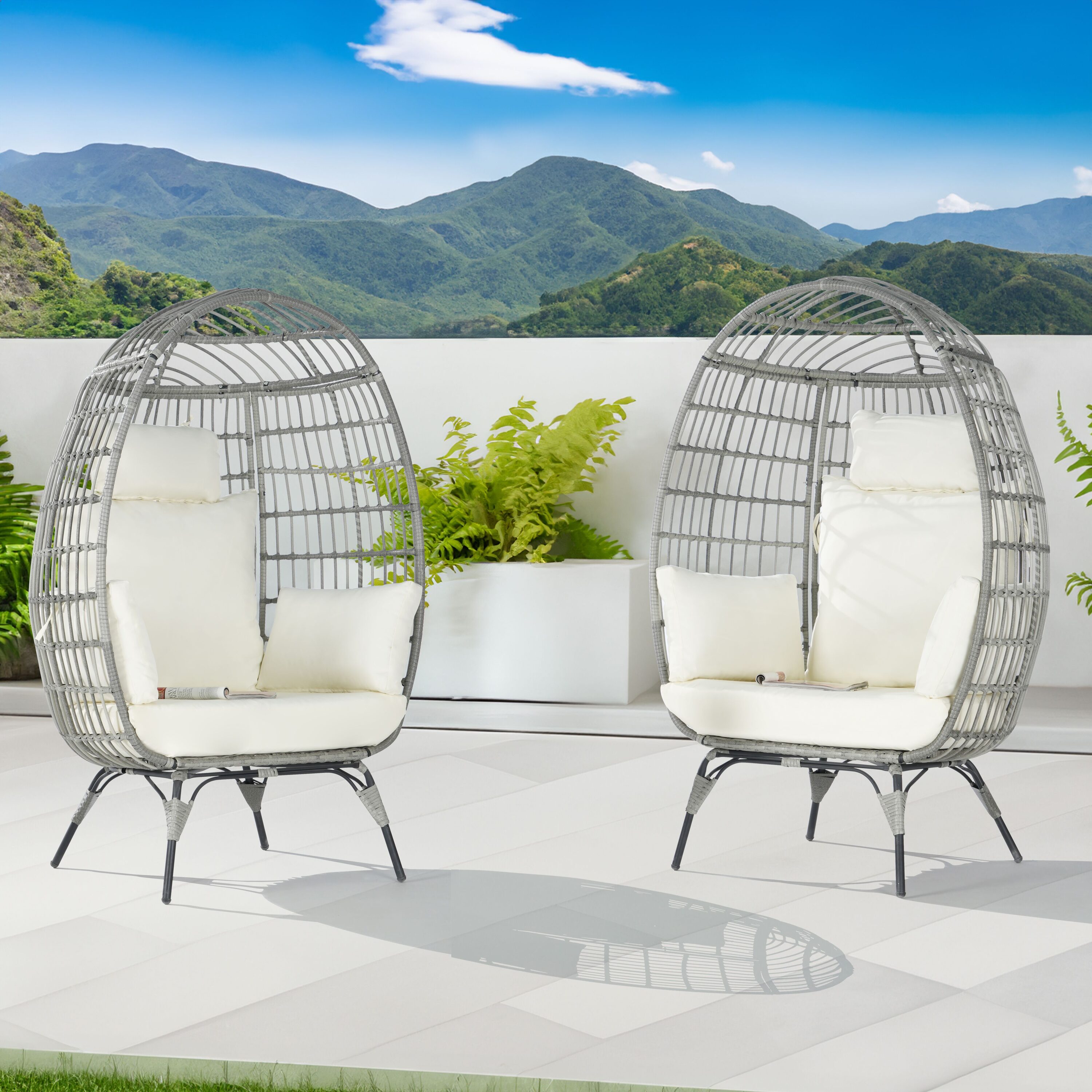 SANSTAR L-JDC61BE-AA Patio Chairs Set of 2 Wicker Gray Metal Frame Stationary Egg Chair with Off-white 220gsm Polyester Cushioned Seat