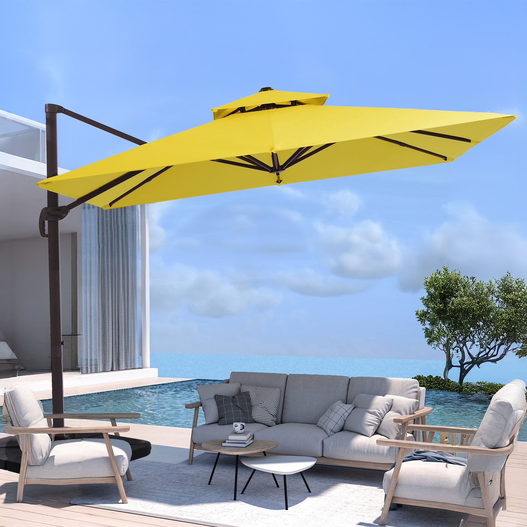 JEAREY PSZDP-BU 10-ft Aluminum Yellow Crank Cantilever Patio Umbrella with Base