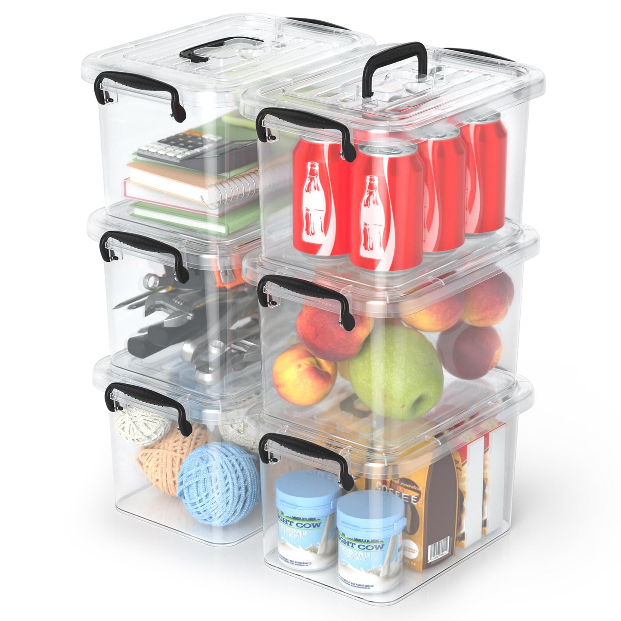 Numhew 11.14in W 6-Pack Clear Stackable Plastic Storage Containers with Lids Black