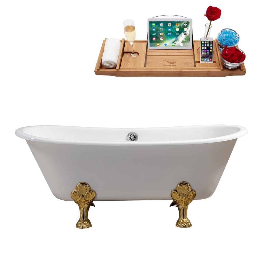 Streamline R5061GLD-CH 66.929-in x 27.9527-in Glossy White Cast Iron Oval Clawfoot Soaking Bathtub with Drain (Center Drain)