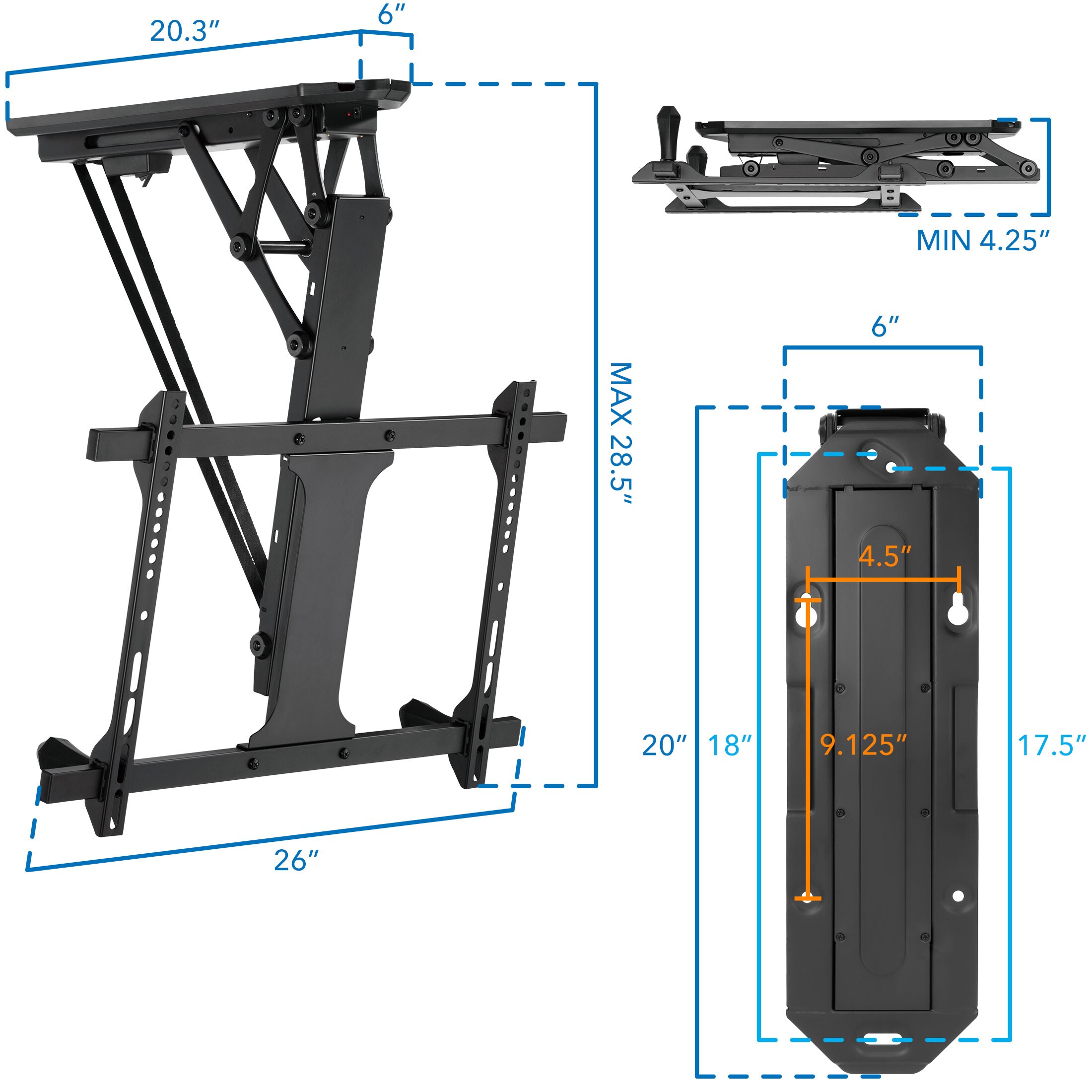 Motorized Black Steel Ceiling TV Mount for 32-70 Inch Screens