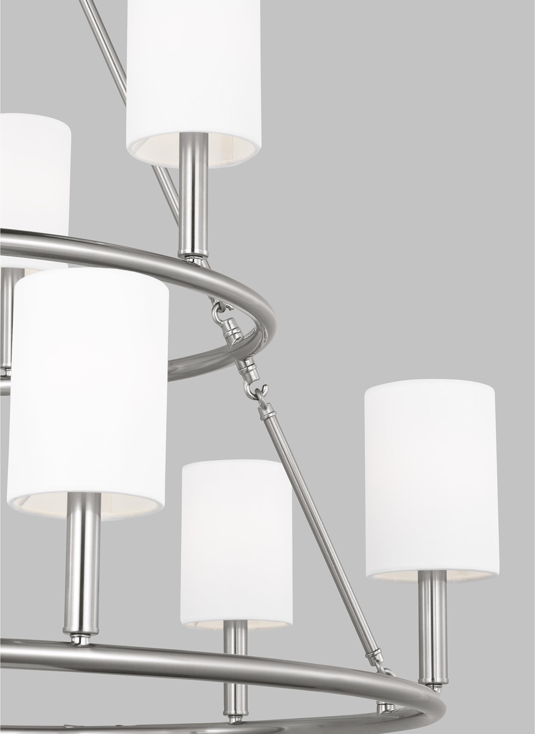 Egmont Brushed Steel 9-Light Chandelier with White Linen Shades