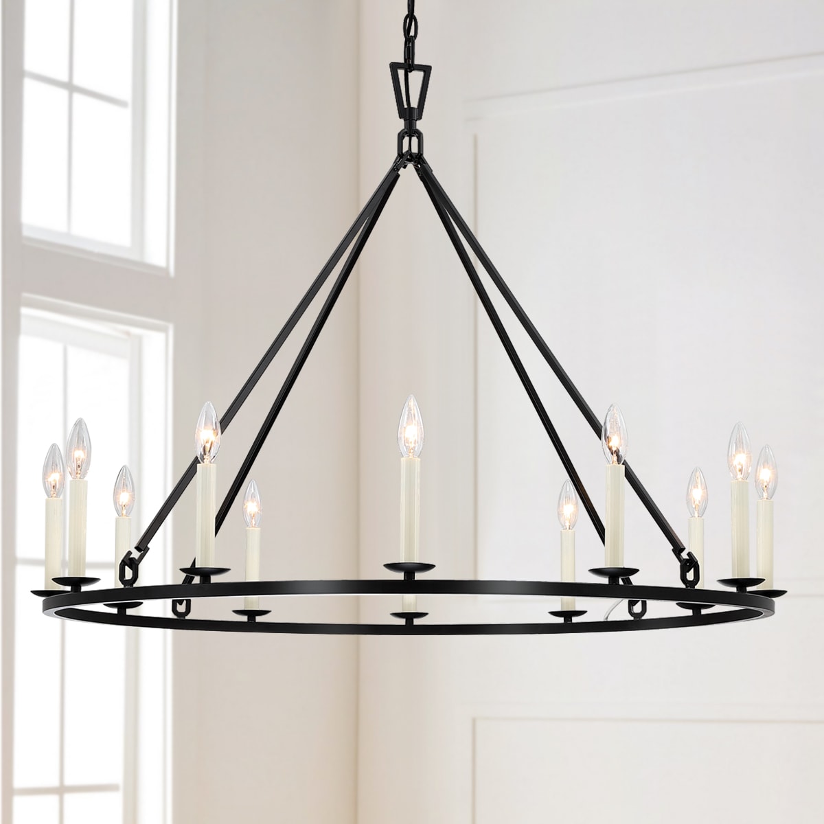 True Fine 170003C Burtons 12 -Light Matte Black Farmhouse Bare bulb For Use in Bedrooms, Dining Rooms, Foyers, Kitchens, Living Rooms Chandelier