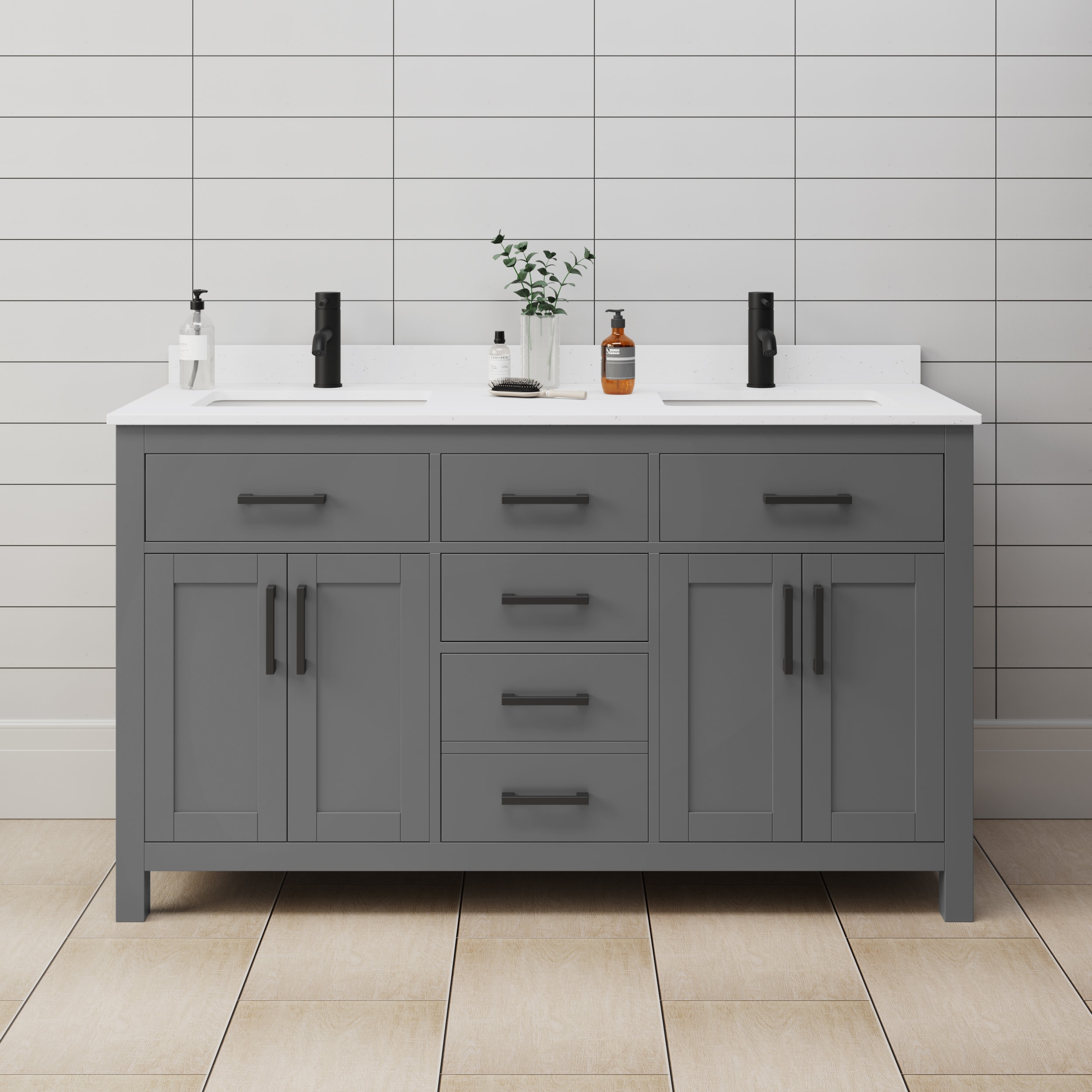 Wyndham Collection WCG242460DGBWCUNSMXX Beckett 60-in Dark Gray with Matte Black Trim Undermount Double sink Bathroom Vanity with White Cultured Marble Cultured marble Top
