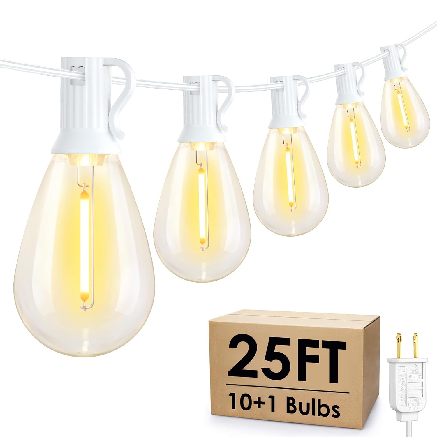 CJGQ 25 ft White Cord LED Outdoor String Lights with 10 Dimmable S11 Edison Bulbs 2700K Warm White Waterproof Shatterproof Linkable Patio Strand